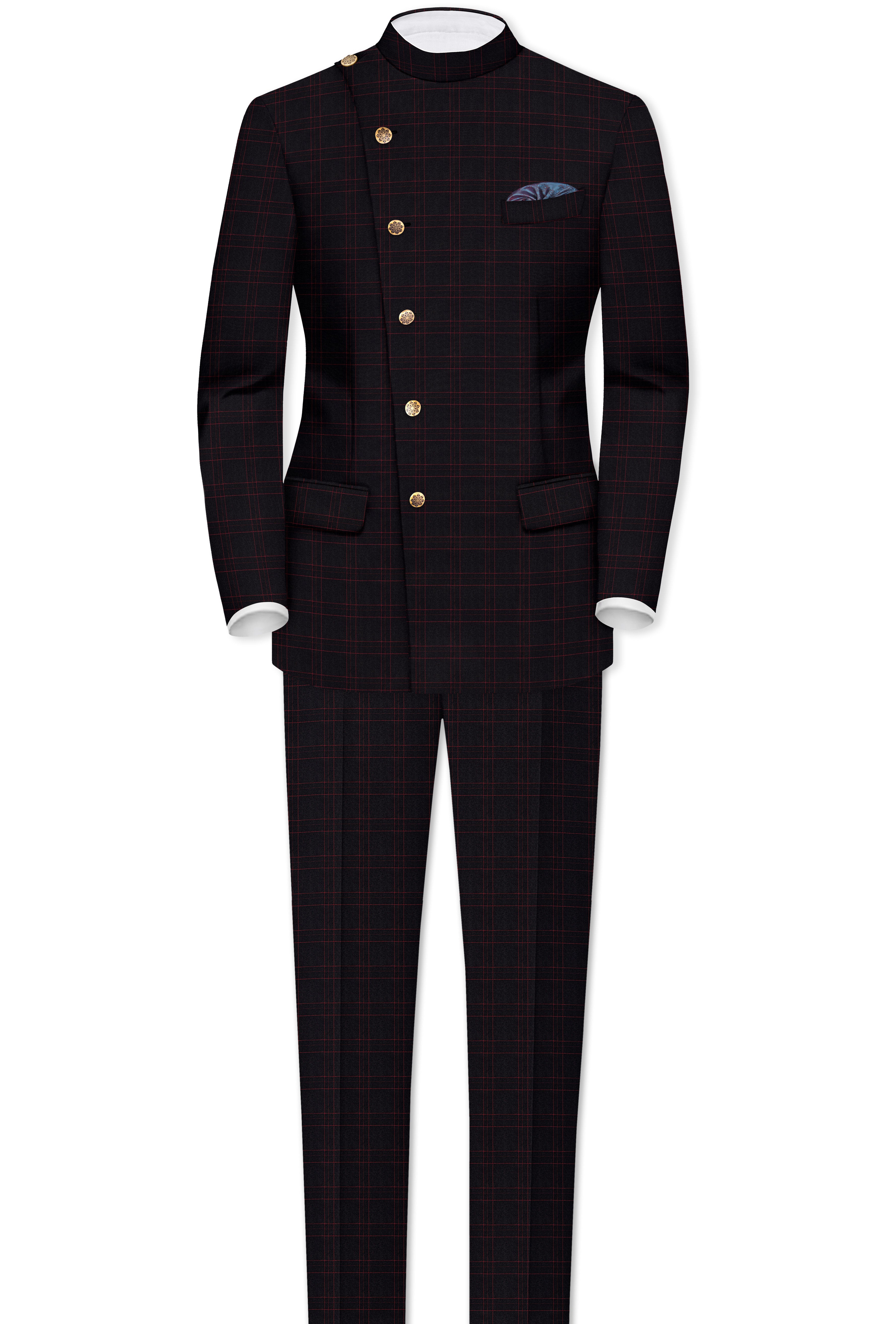 Onyx Black windowpane Cross Placket Bandhgala Blazer