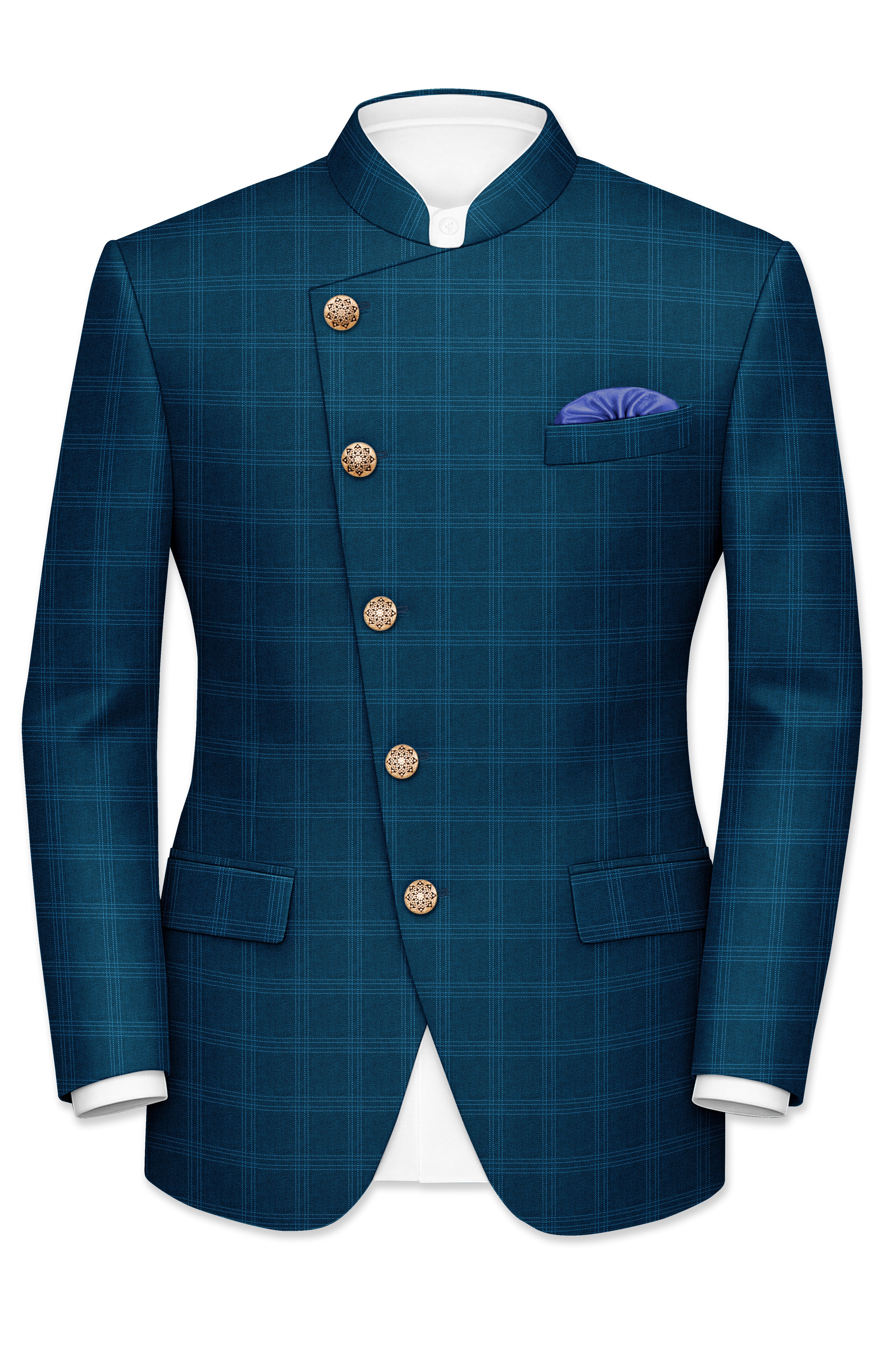Cloud Burst Sea Green Windowpane Cross Placket Bandhgala Blazer