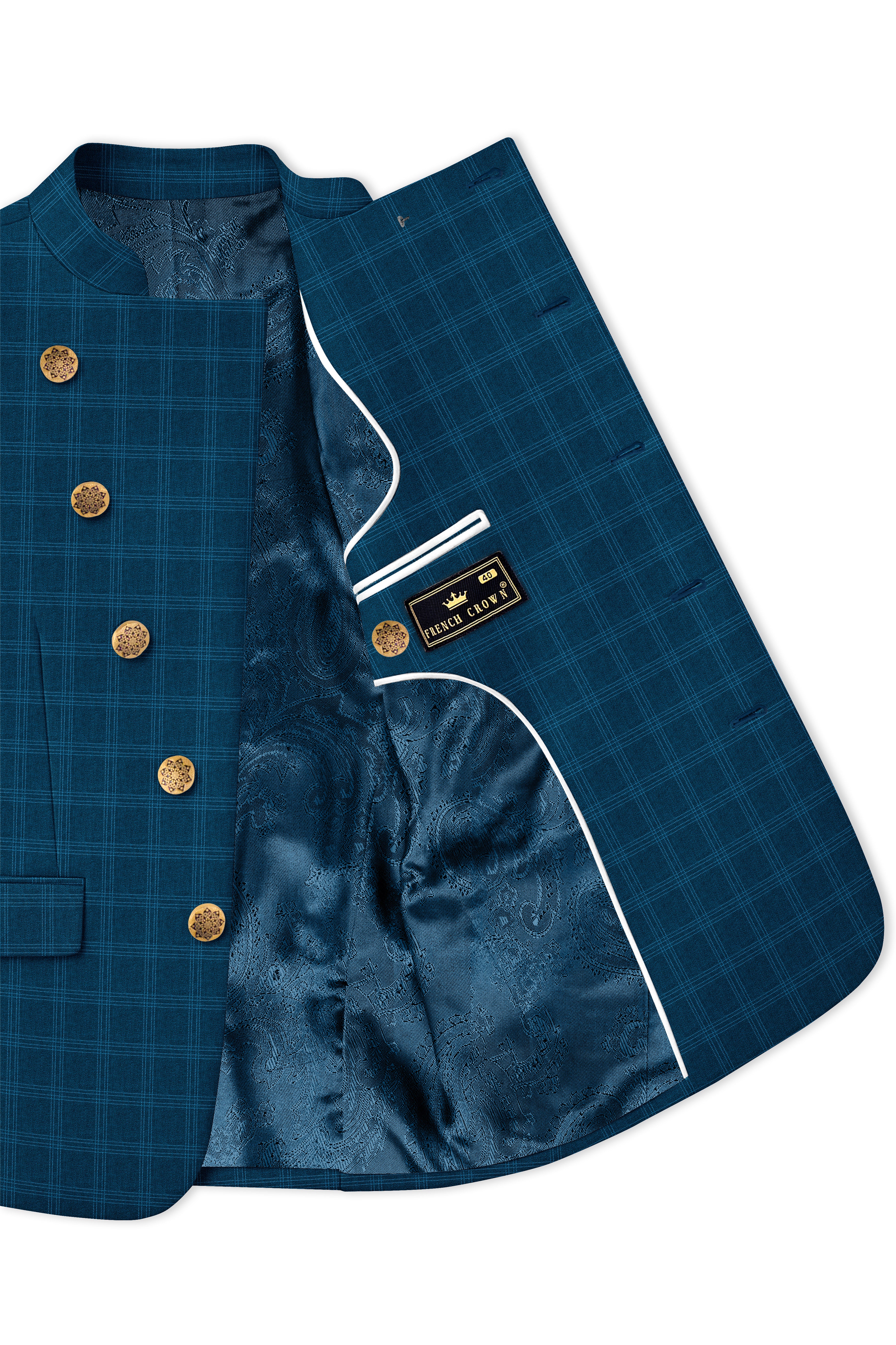 Cloud Burst Sea Green Windowpane Cross Placket Bandhgala Blazer