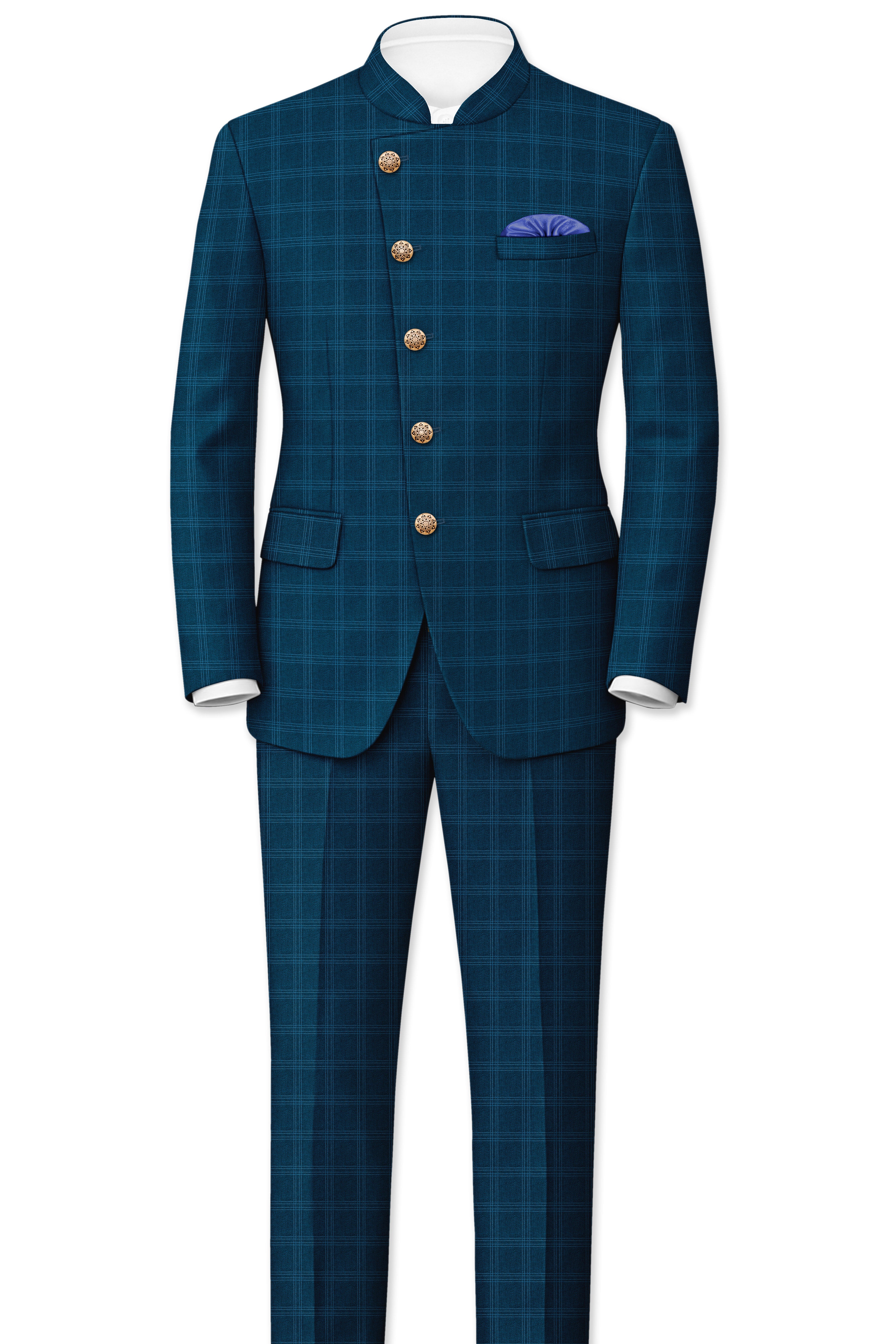 Cloud Burst Sea Green Windowpane Cross Placket Bandhgala Blazer