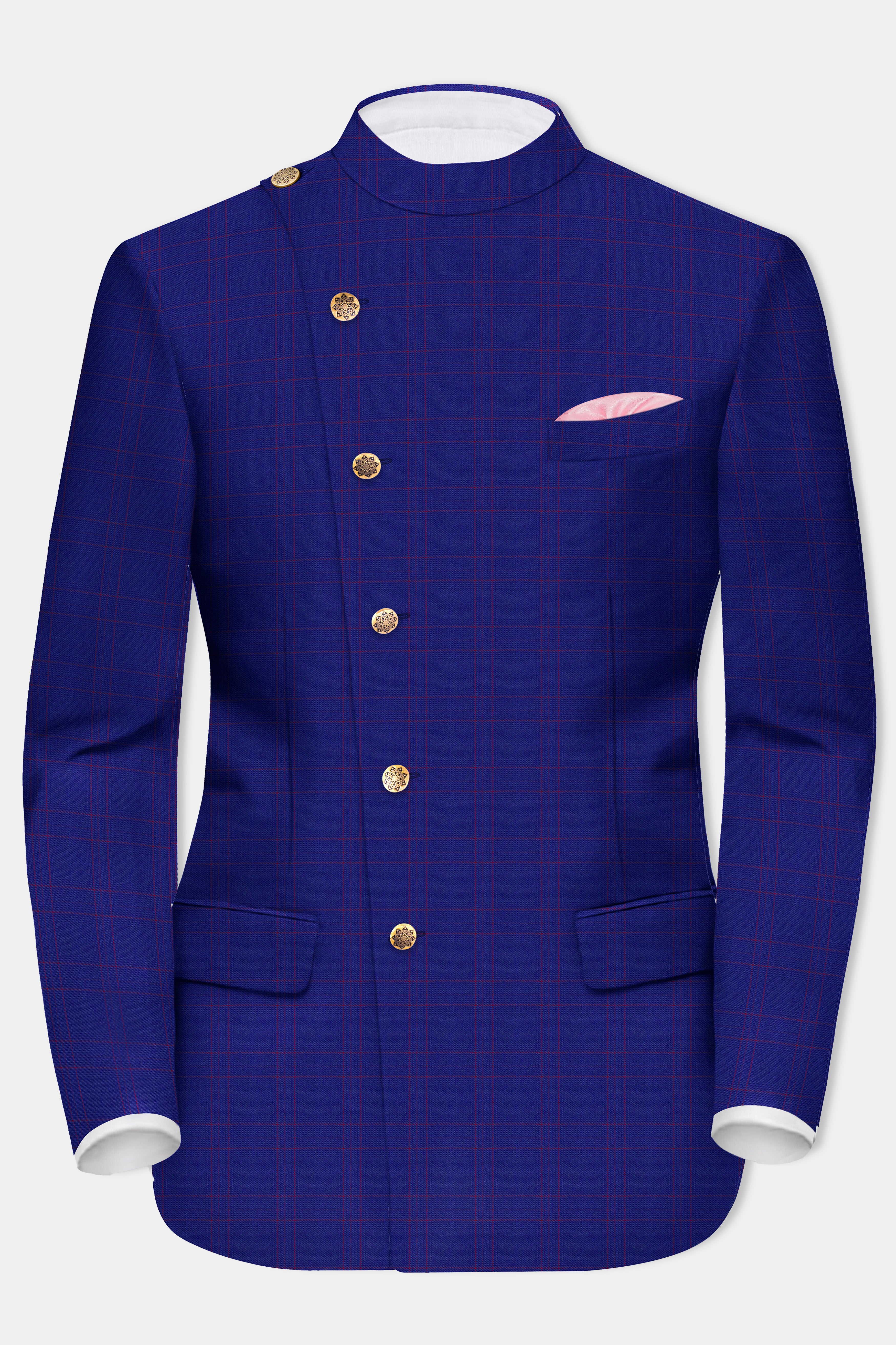 Christalle Blue with Fuchsia Pink Windoepane Cross Placket Bandhgala Blazer
