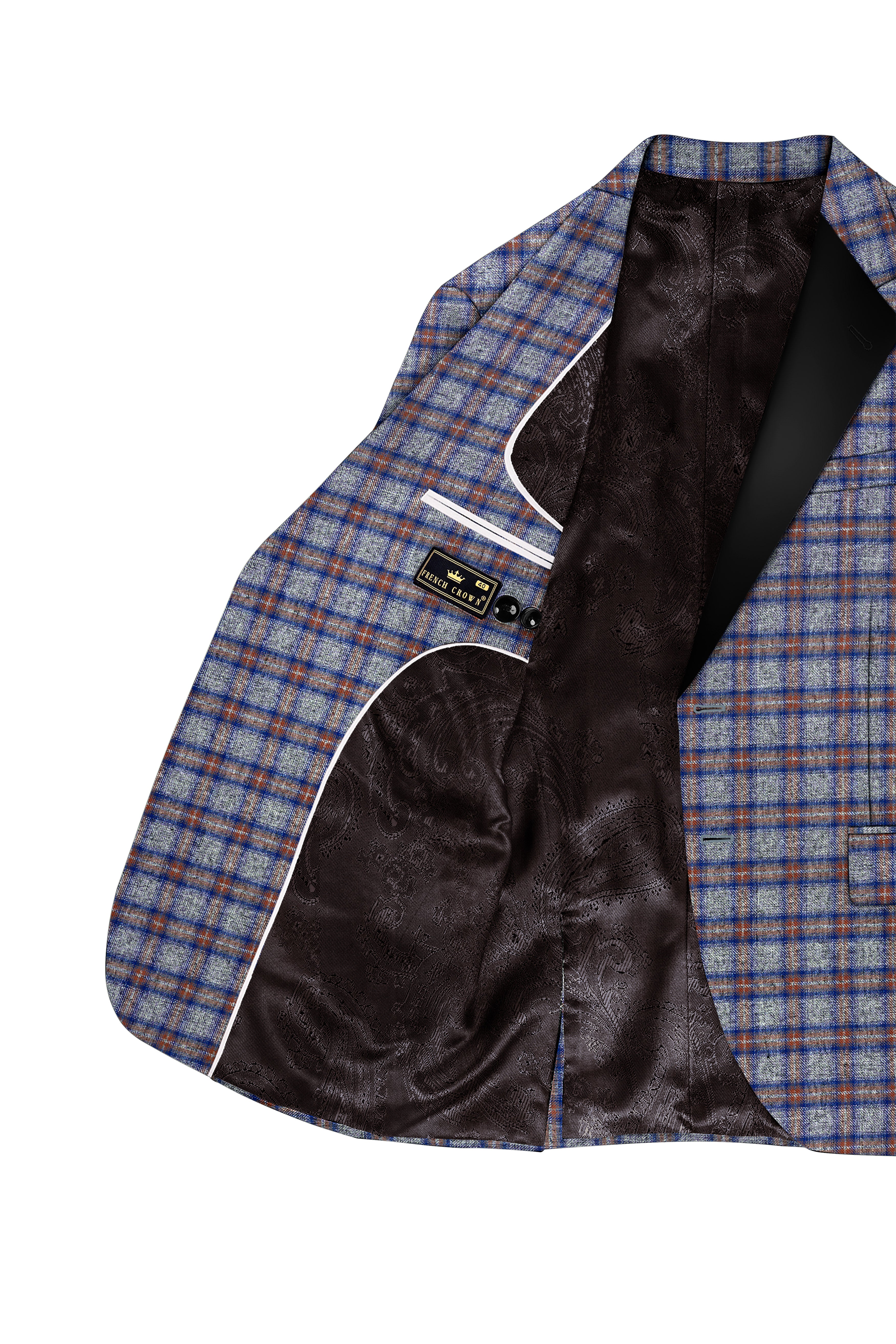 Fuscous Gray Checkered Single Breasted Black Lapel Designer Blazer