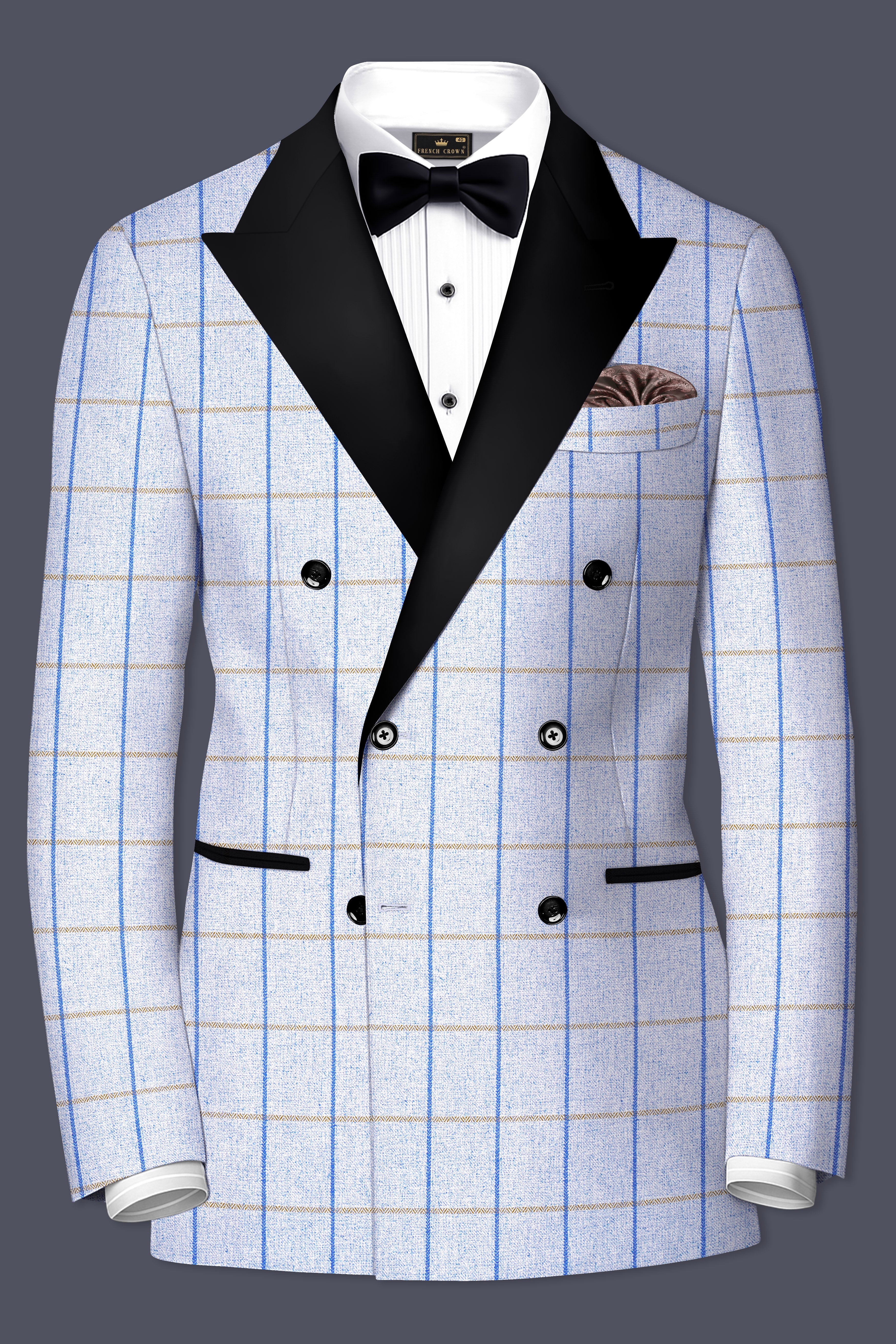 Mobster Blue Checkered Double Breasted Black Lapel Designer Blazer