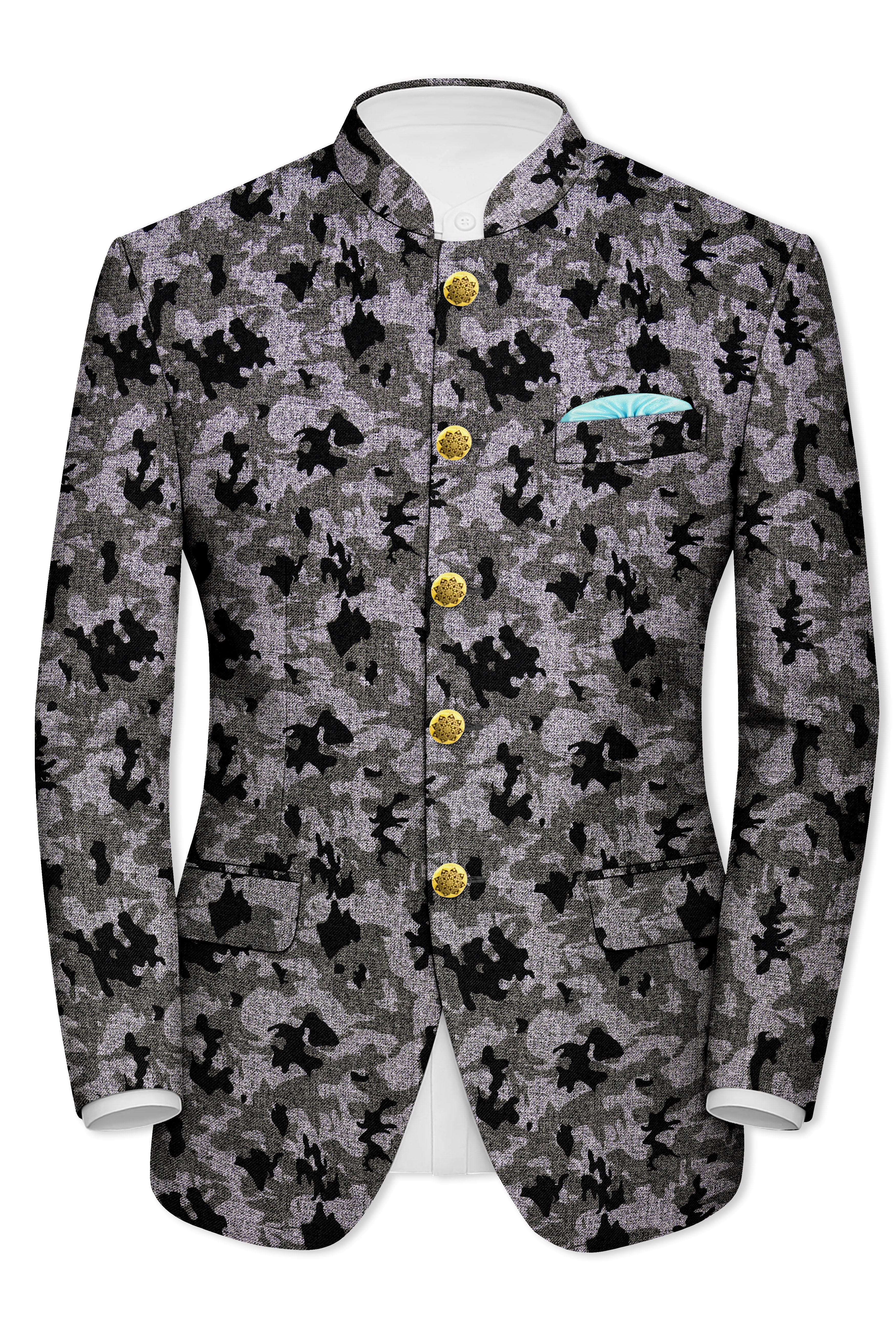 Merlin Green with Scorpion Gray Chintz Printed Bandhgala Designer Blazer