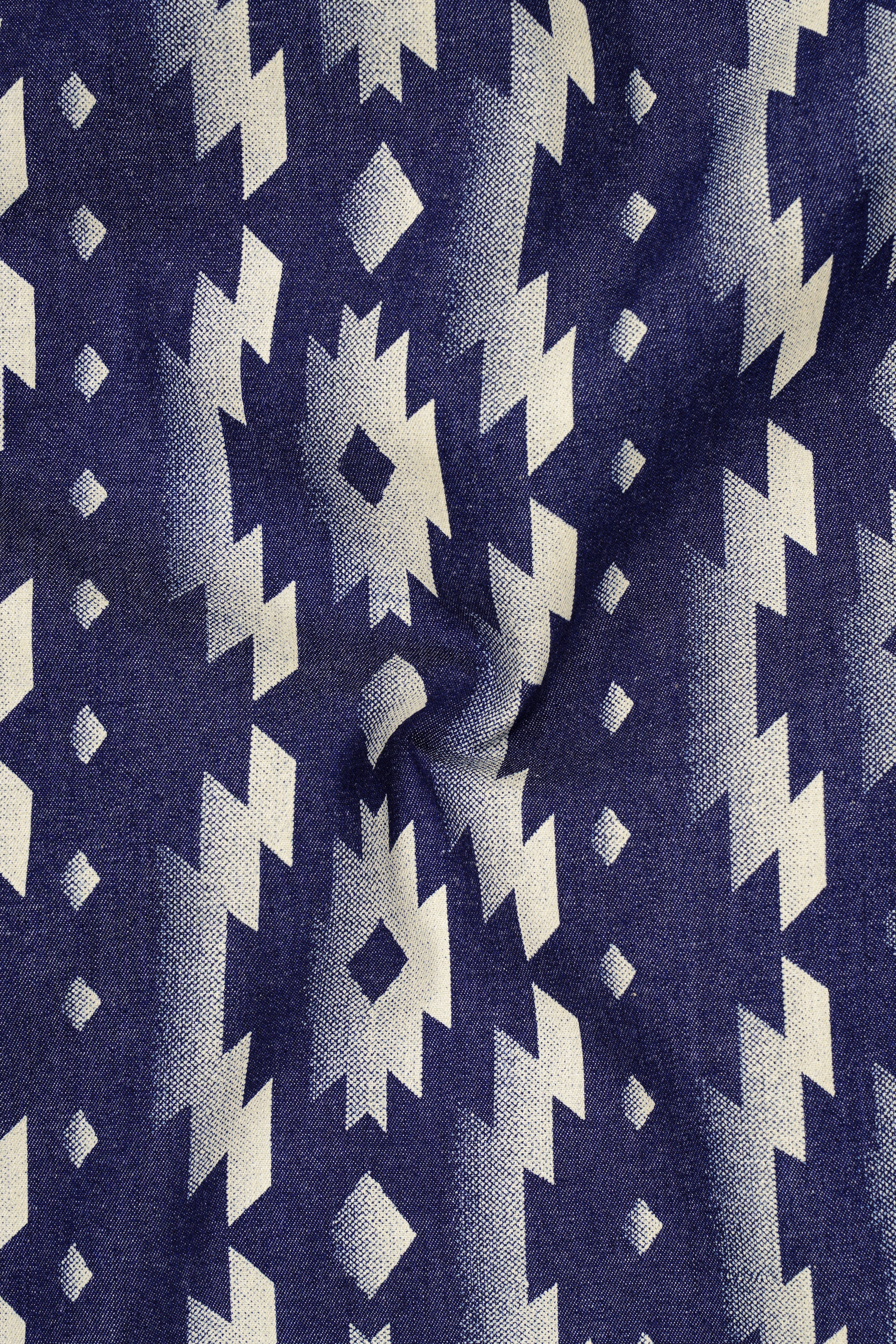 Gunmetal Blue with Nobel Cream Iktat Printed Denim Designer Premium Cotton Blazer