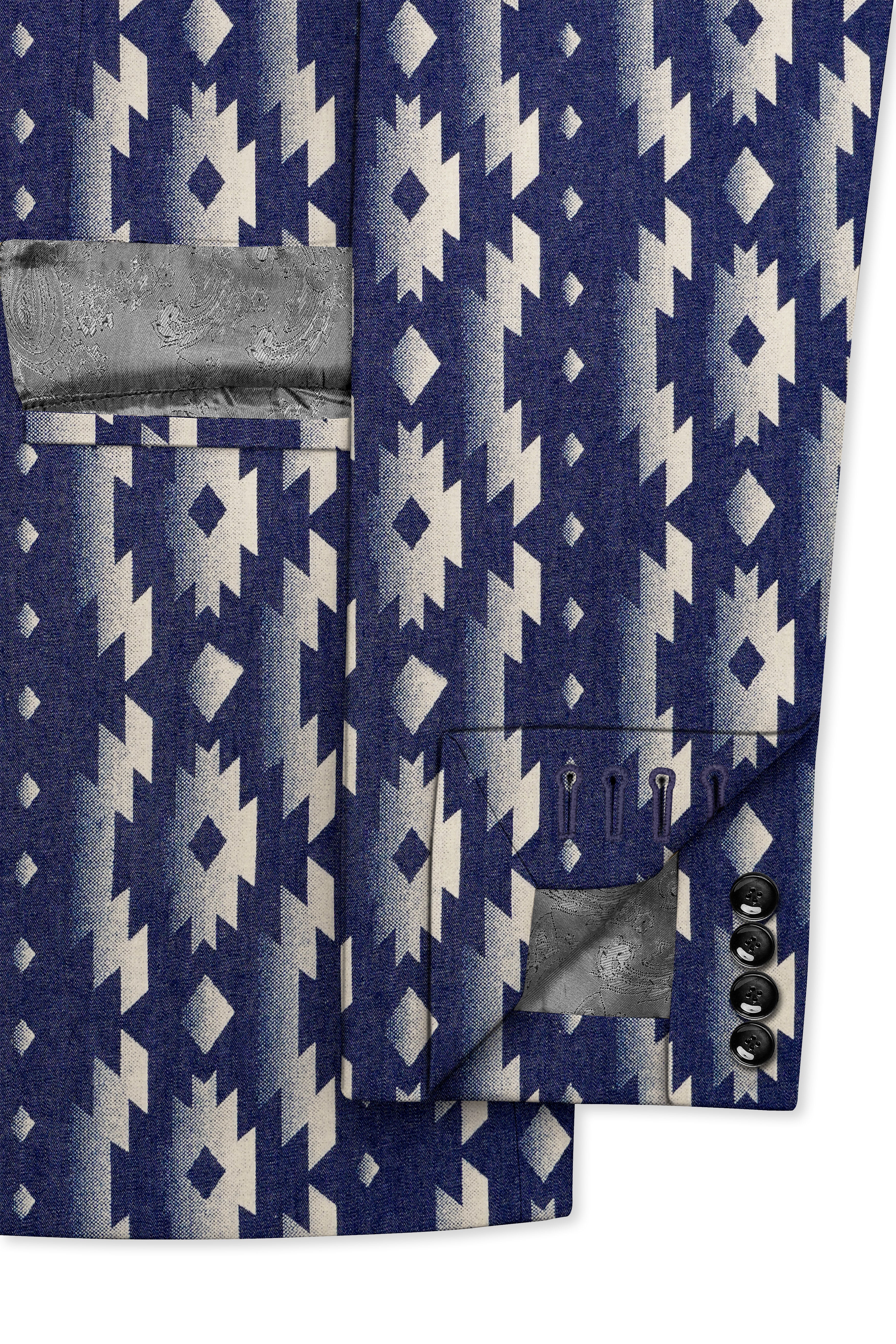 Gunmetal Blue with Nobel Cream Iktat Printed Denim Designer Premium Cotton Blazer