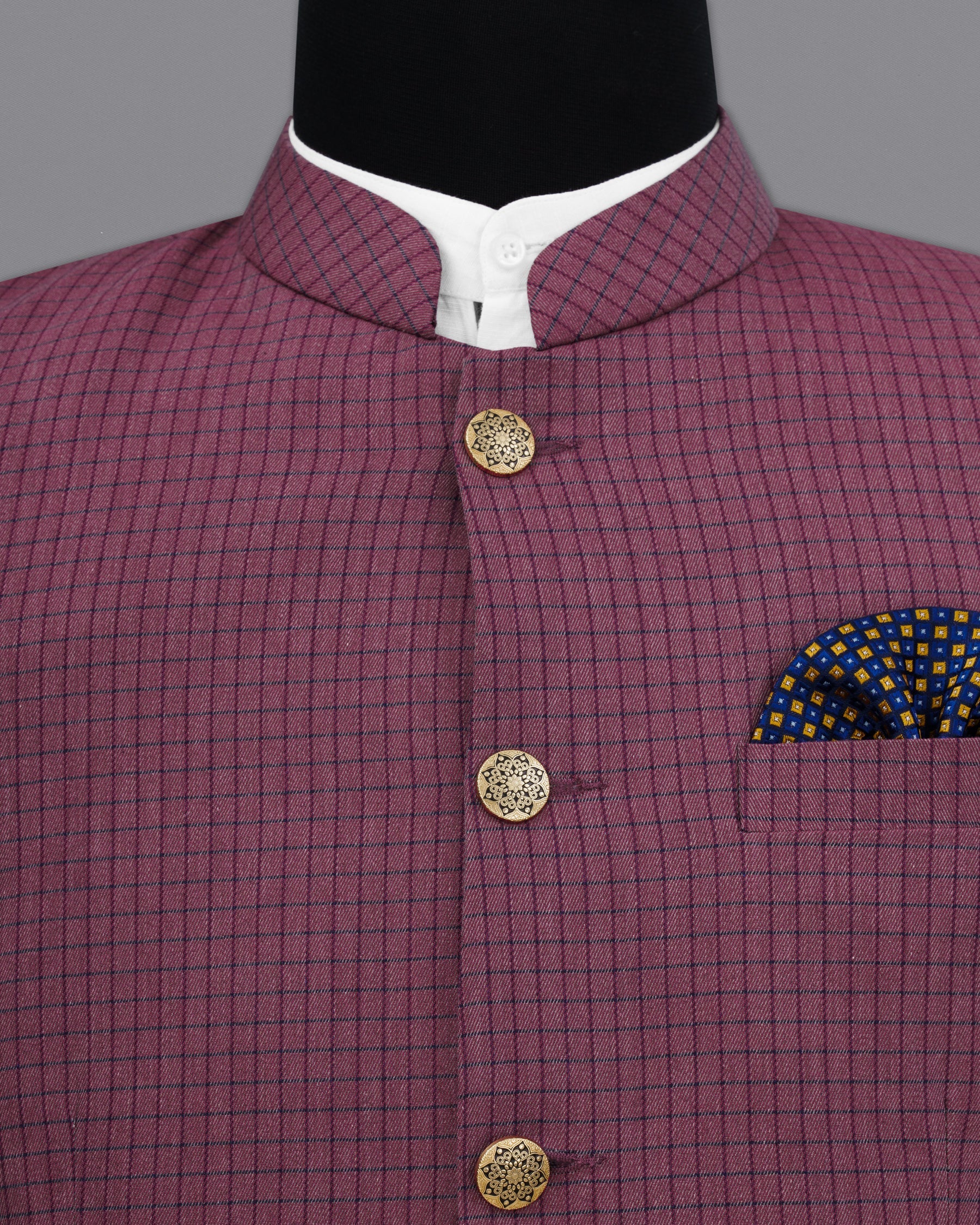 Tuscan Pink Gingham Premium Cotton Bandhgala Designer Blazer