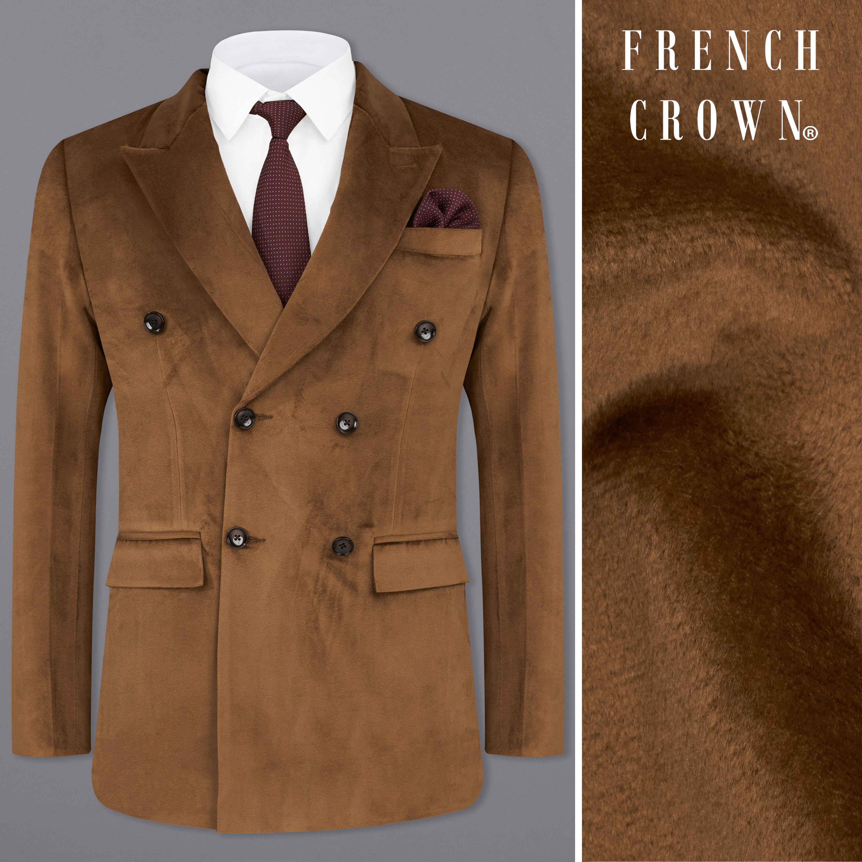 Nutmeg Brown Plain-Solid Premium Double-Breasted-Blazers for Men.