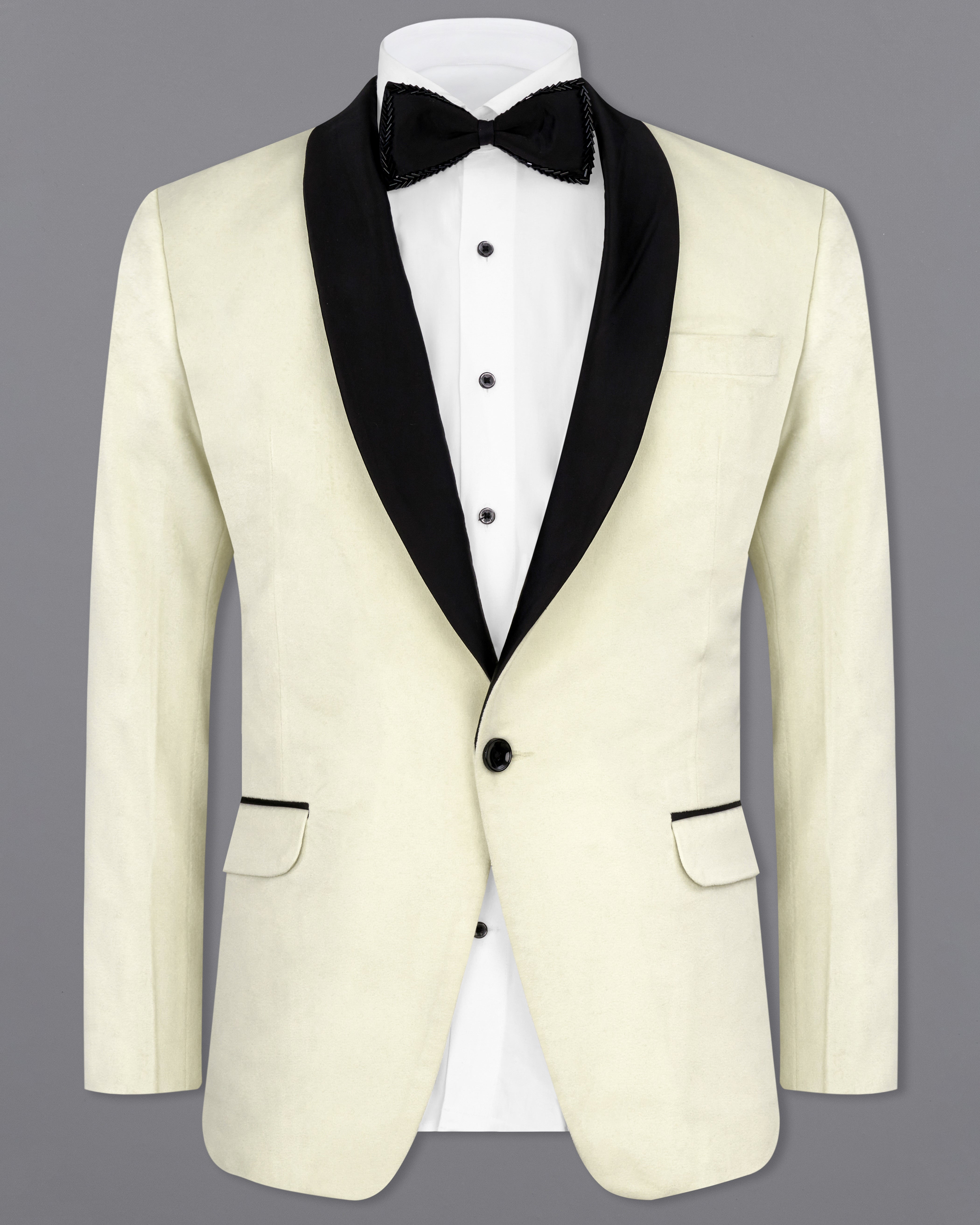 Pearl Bush Cream Velvet Plain-Solid Premium Tuxedo-Blazer for Men.
