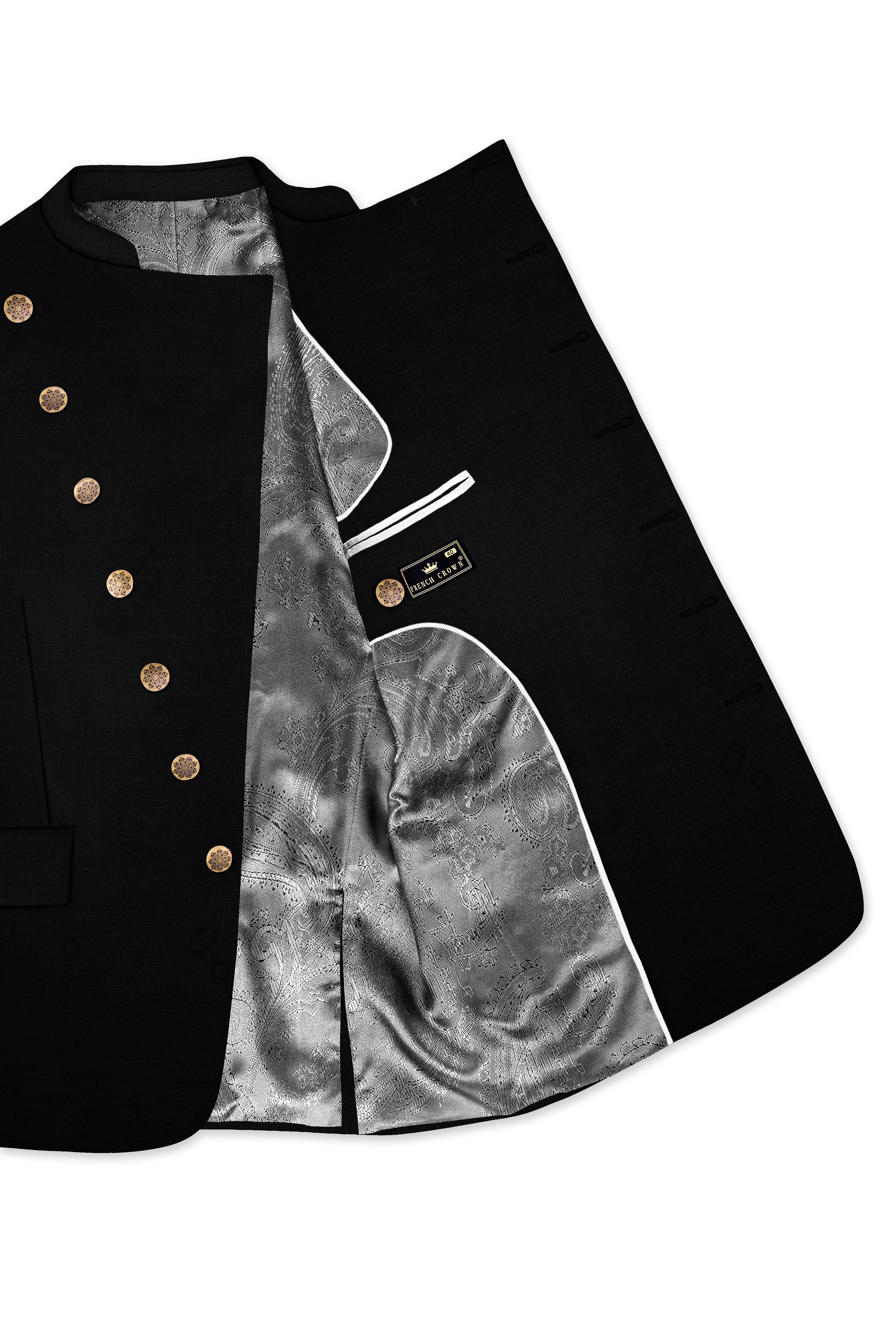 Jade Black Stretchable Subtle Sheen Cross Placket Doble Closure Bandhgala/Mandarin Blazer
