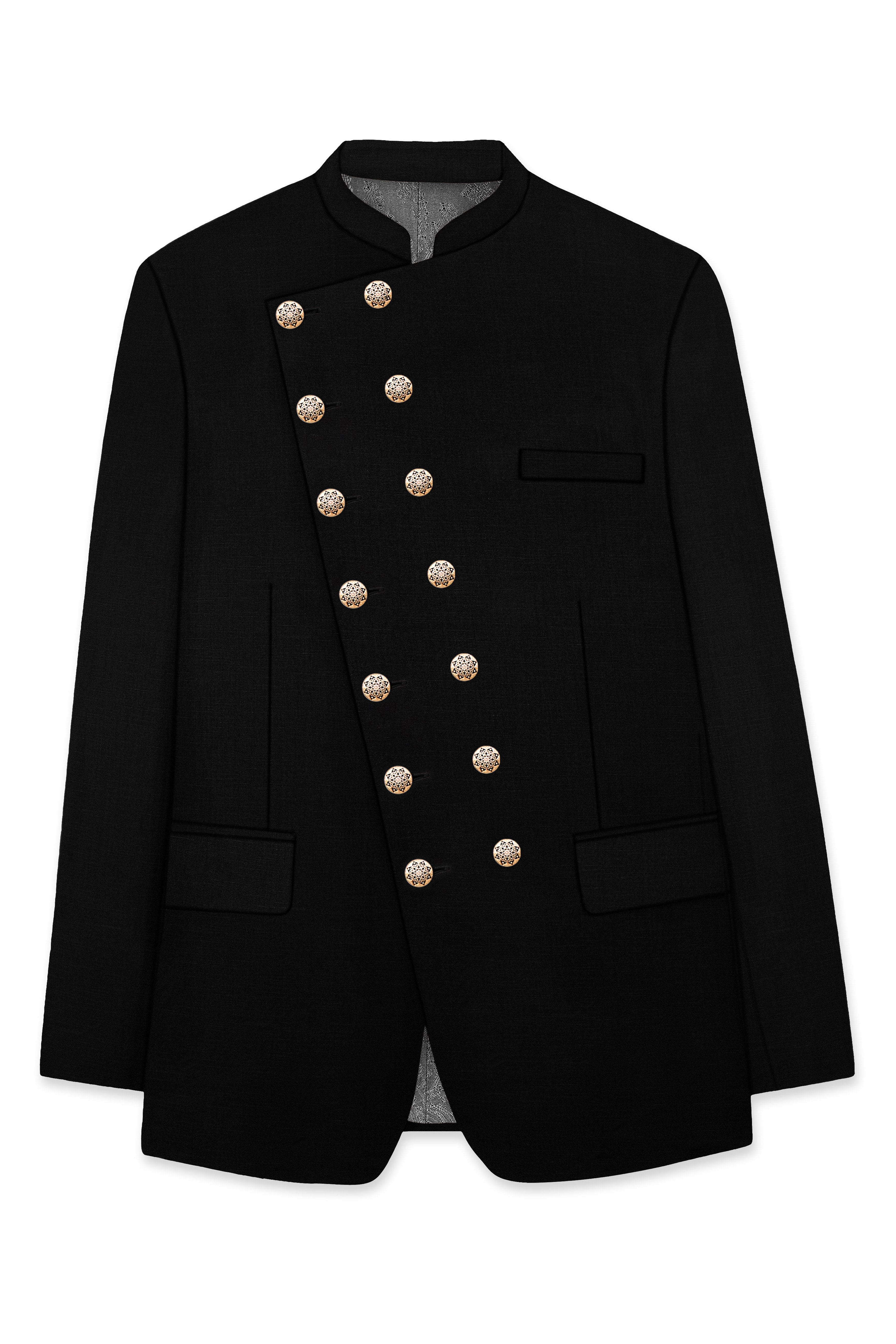 Jade Black Stretchable Subtle Sheen Cross Placket Doble Closure Bandhgala/Mandarin Blazer