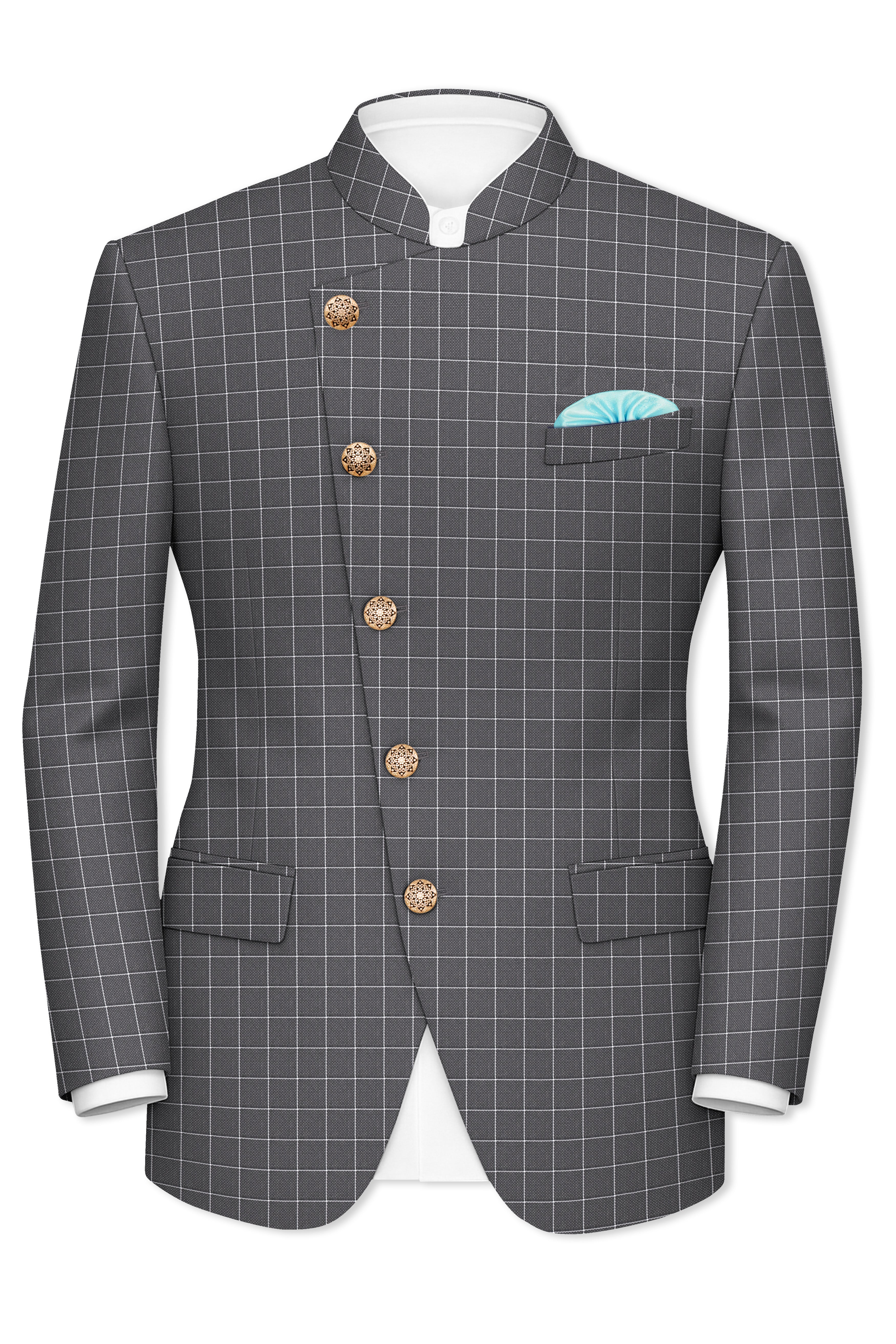 Mortar Gray Checkered Cross Placket Bandhgala Blazer