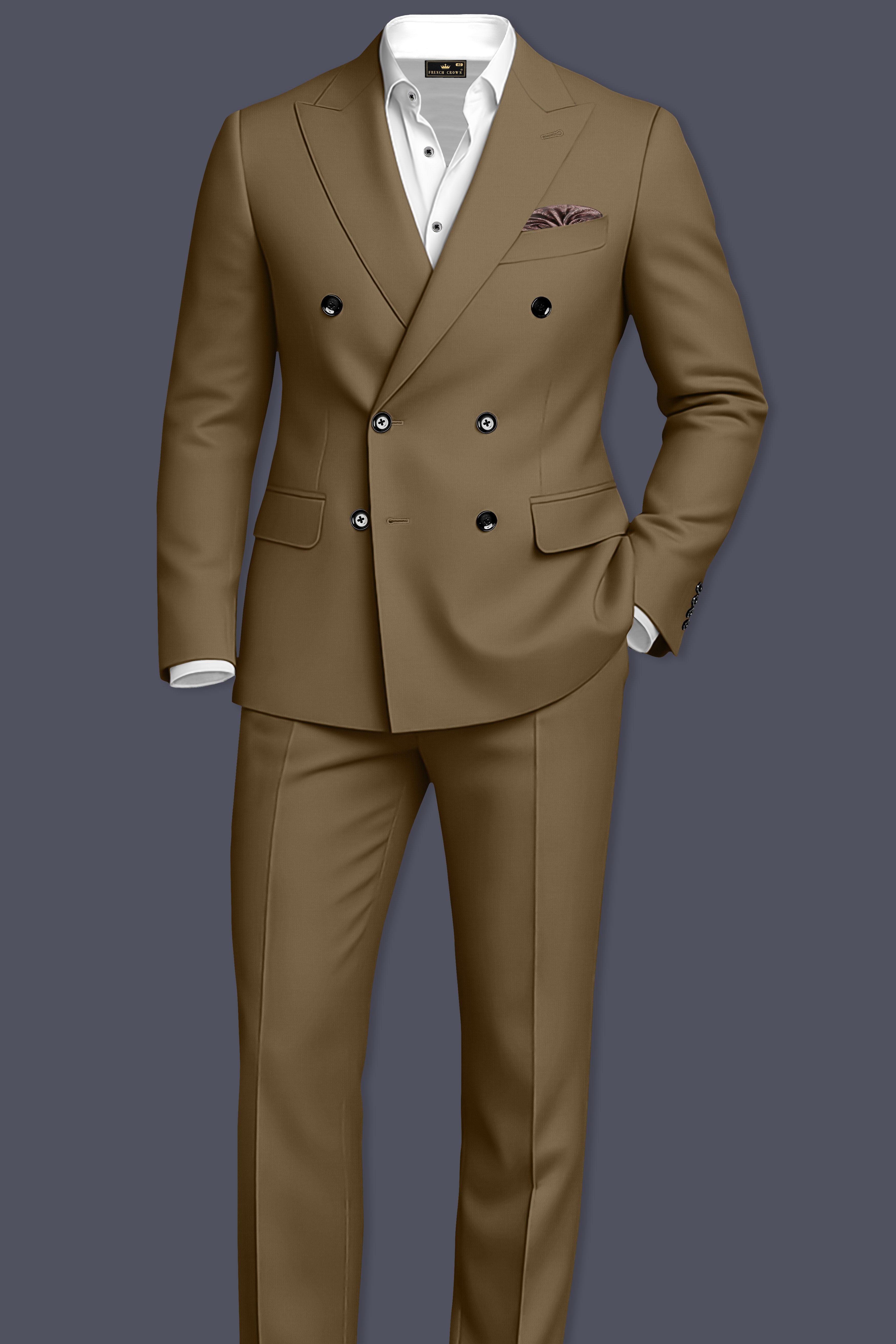 Khaki Brown Textured Premium Terry-Rayon Double-Breasted-Blazers