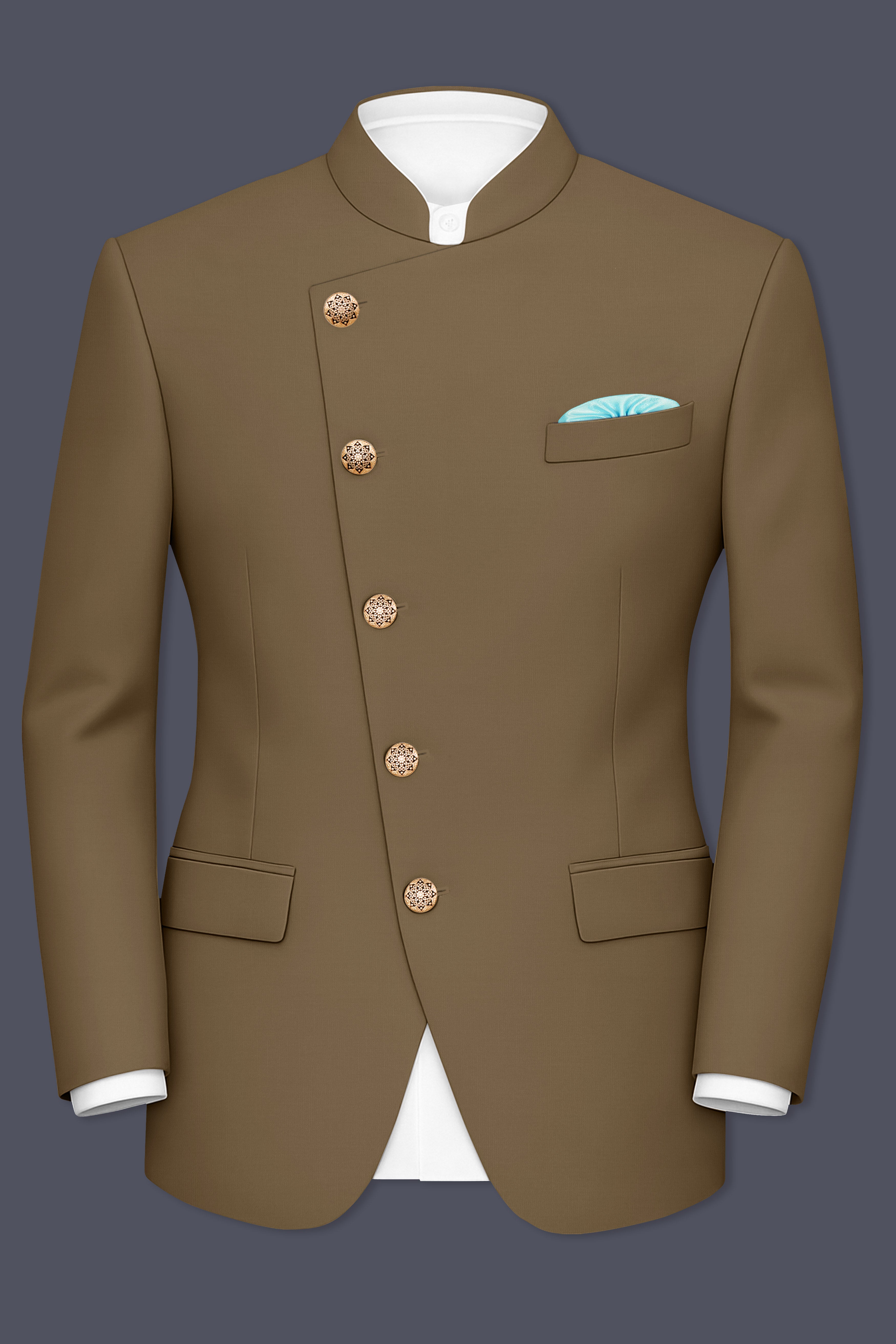 Khaki Brown Cross Placket Bandhgala Blazer