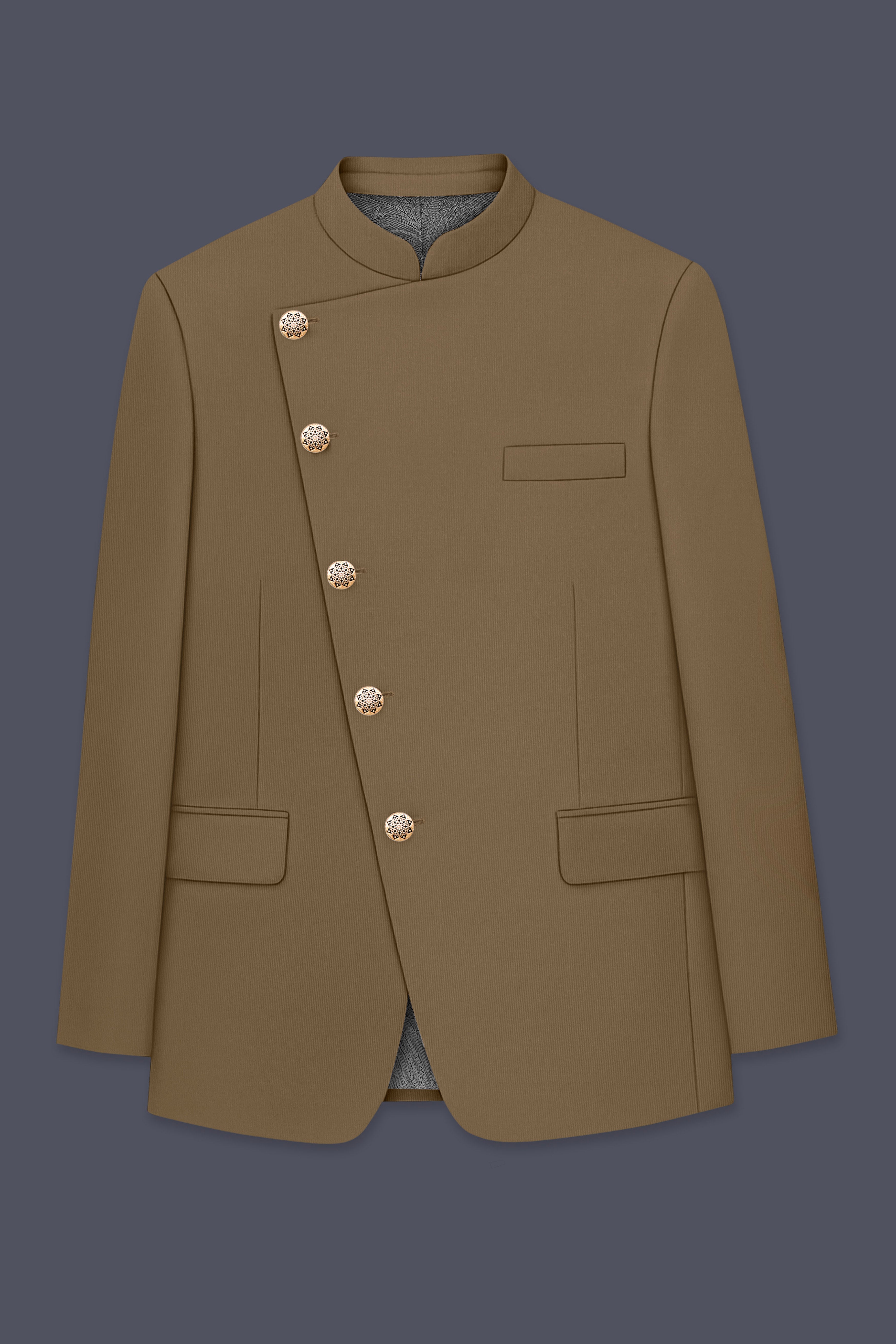 Khaki Brown Cross Placket Bandhgala Blazer