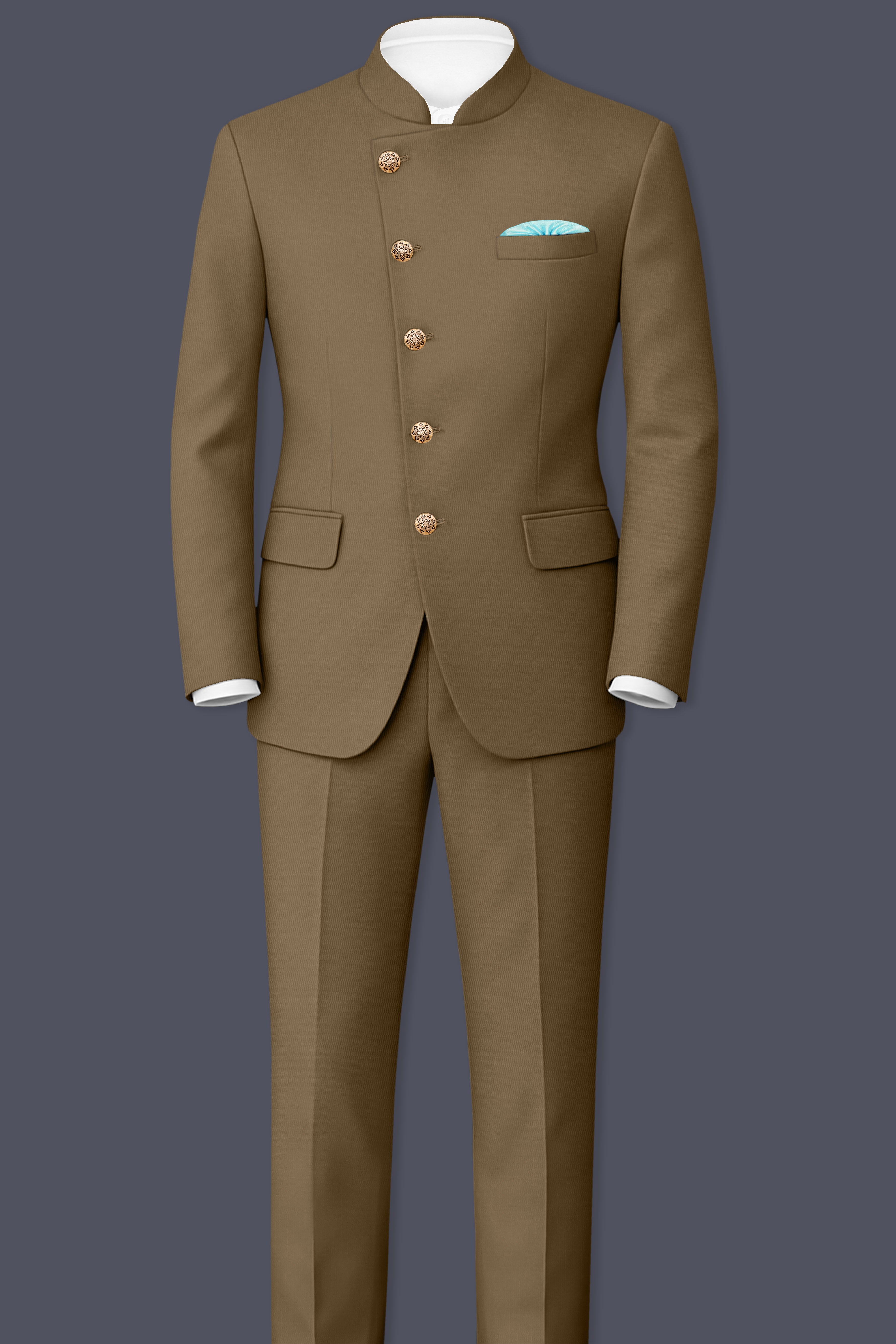 Khaki Brown Cross Placket Bandhgala Blazer