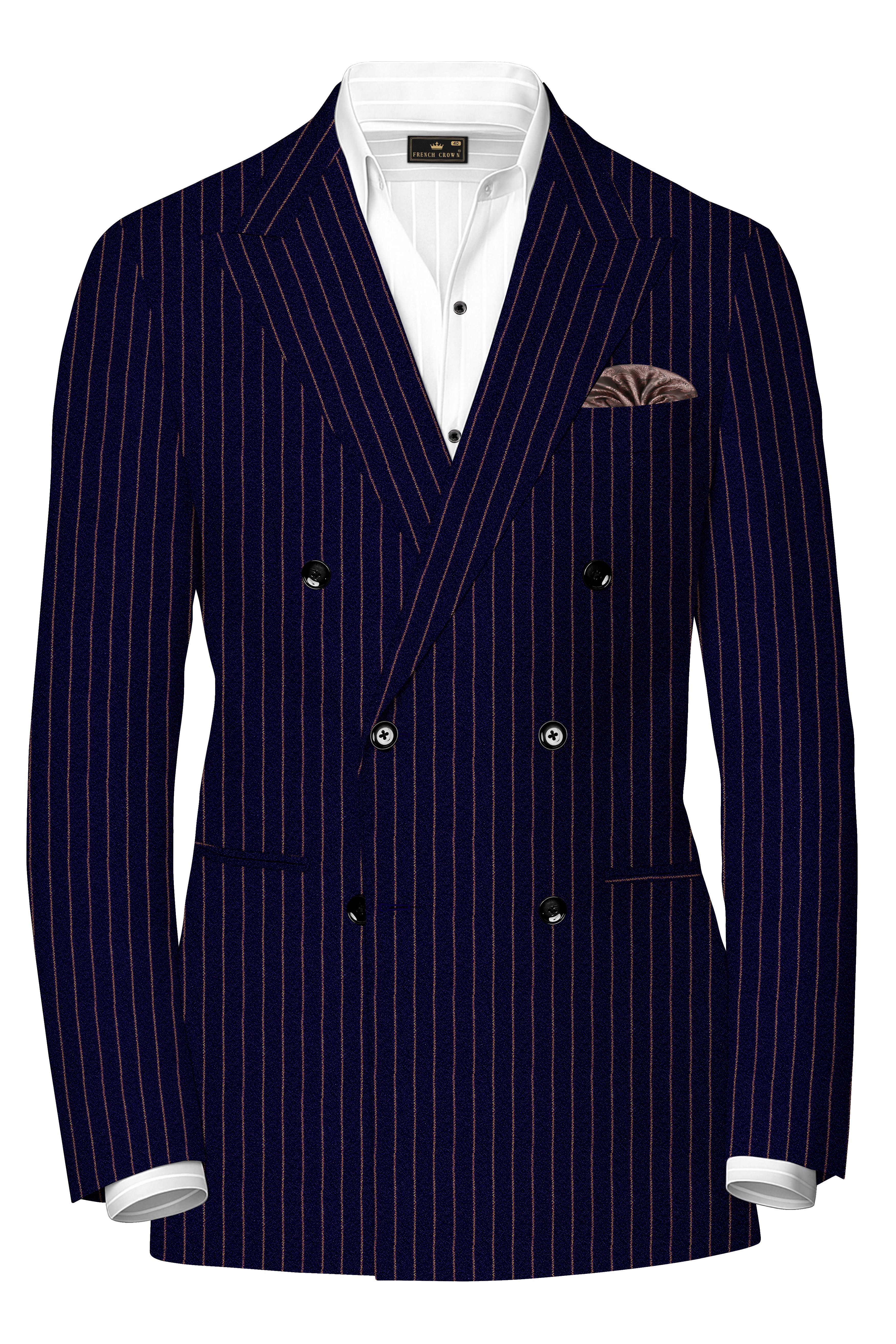 Tuna Navy Blue with Coral Reef Brown Striped Double-Breasted Blazer