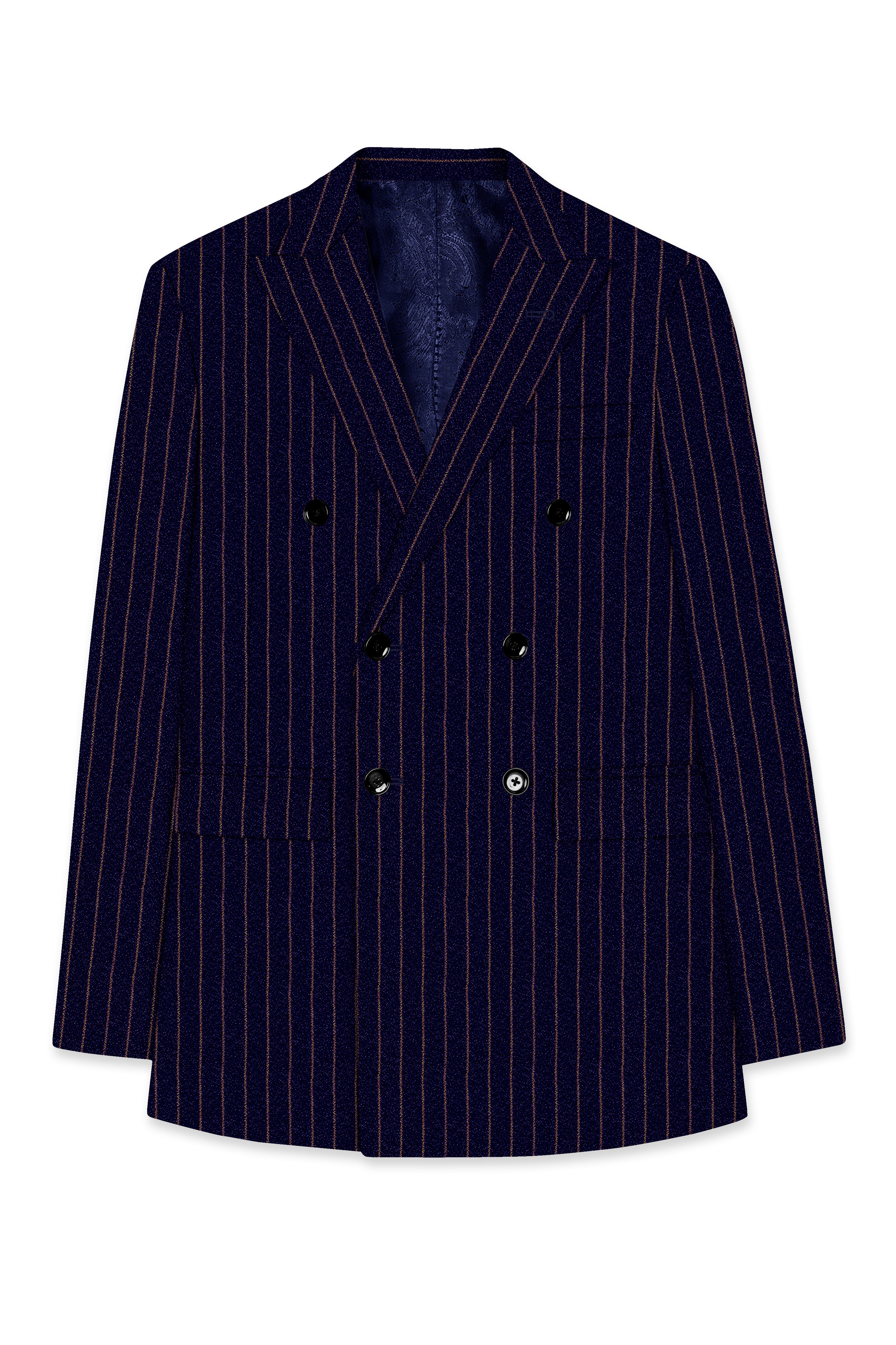 Tuna Blue with Coral Reef Brown Striped Double-Breasted Blazer