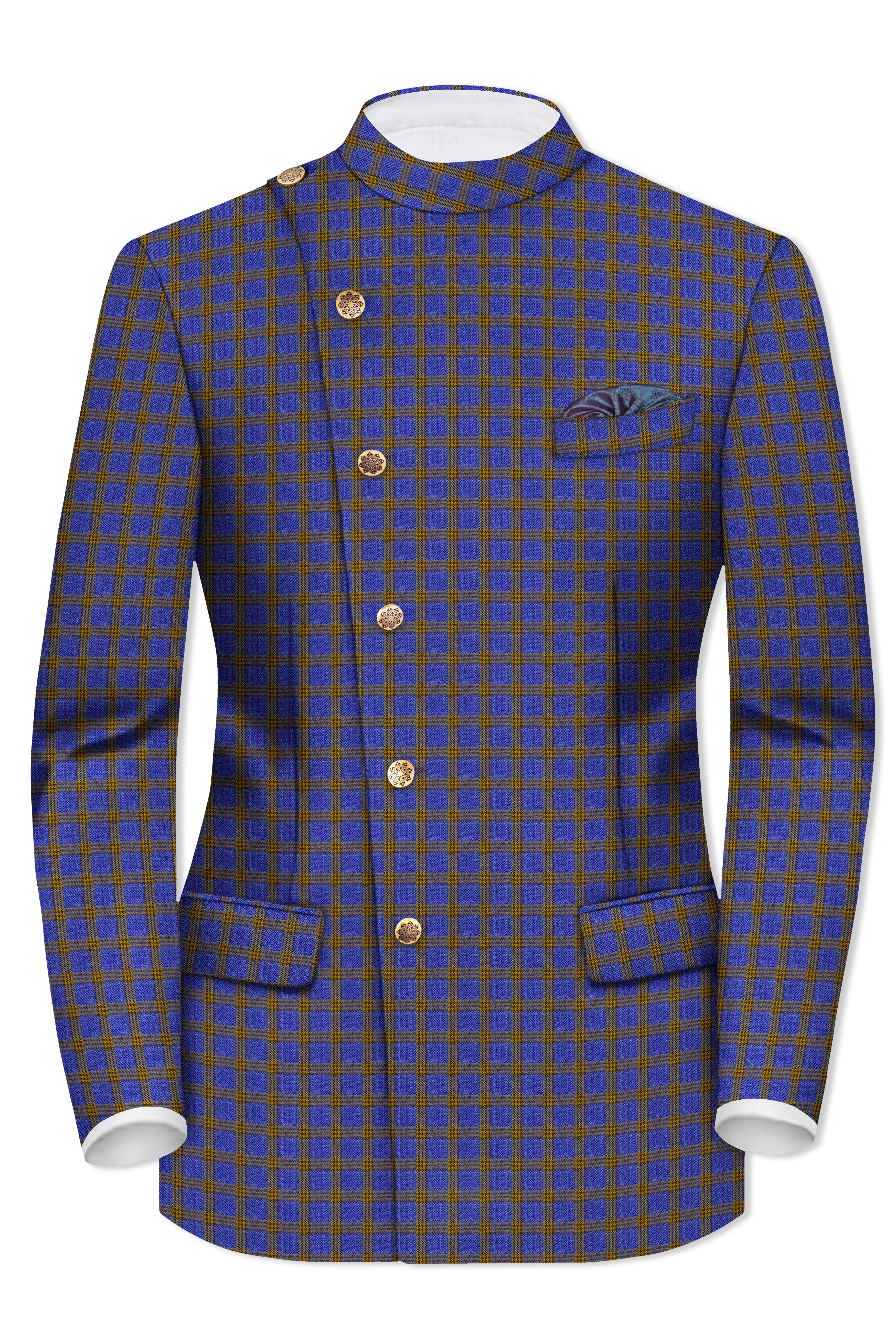 Twilight Blue with Alpine Brown Plaid Cross Placket Bandhgala Blazer