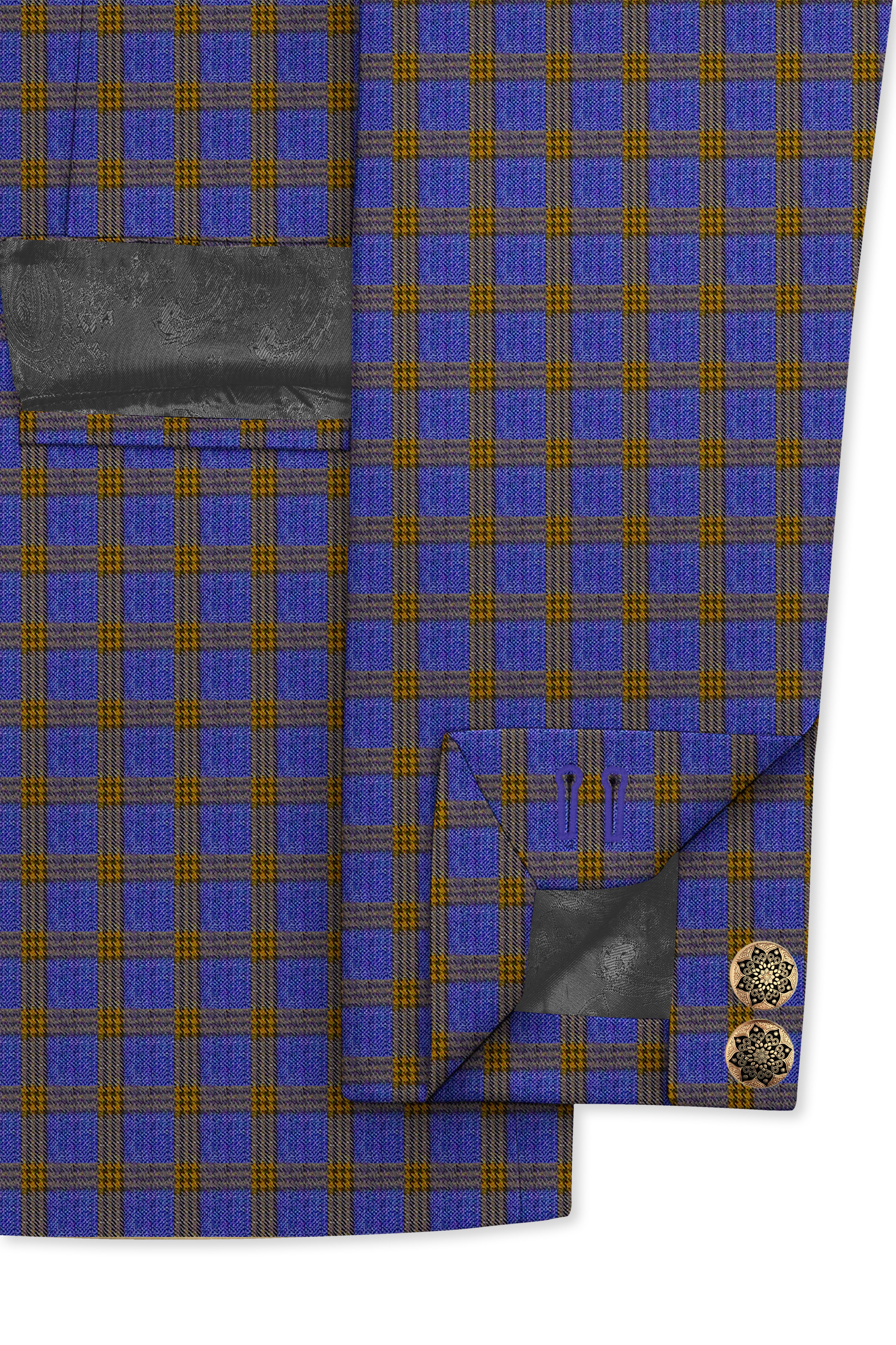 Twilight Blue with Alpine Brown Plaid Cross Placket Bandhgala Blazer