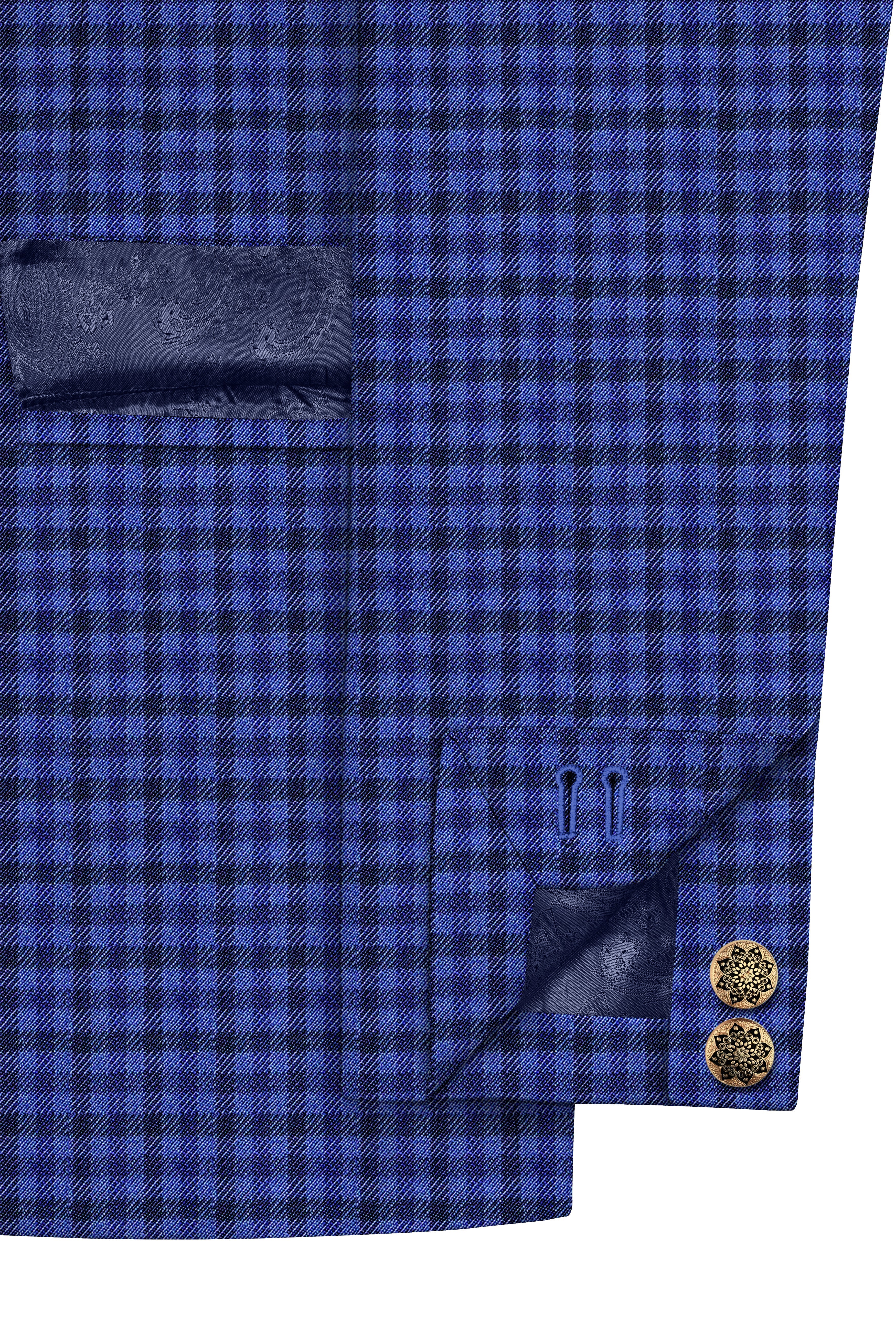 Victoria Blue Gingham Checkered Bandhgala Blazer