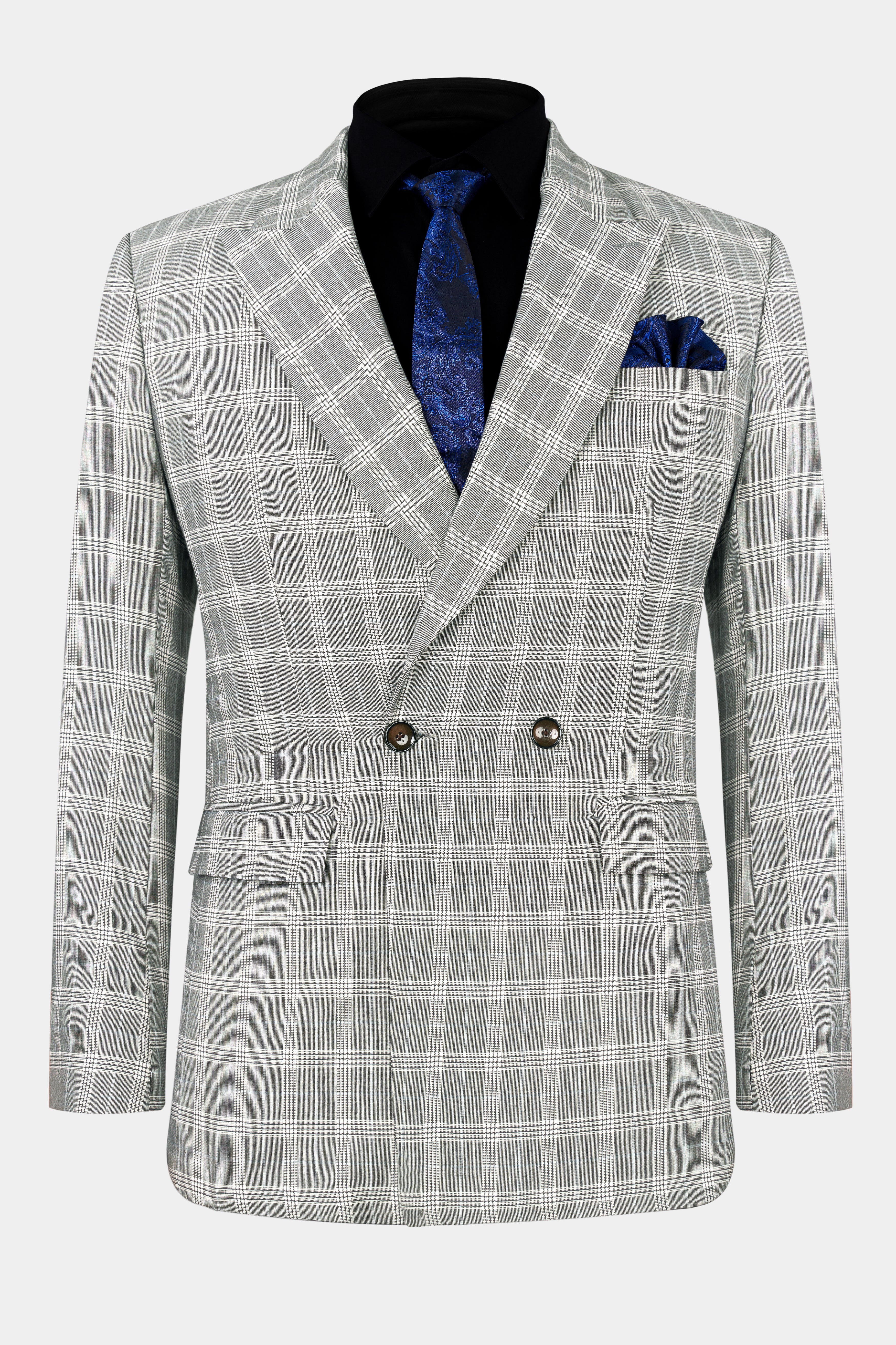 Bronco Gray and White Plaid Double Breasted Blazer