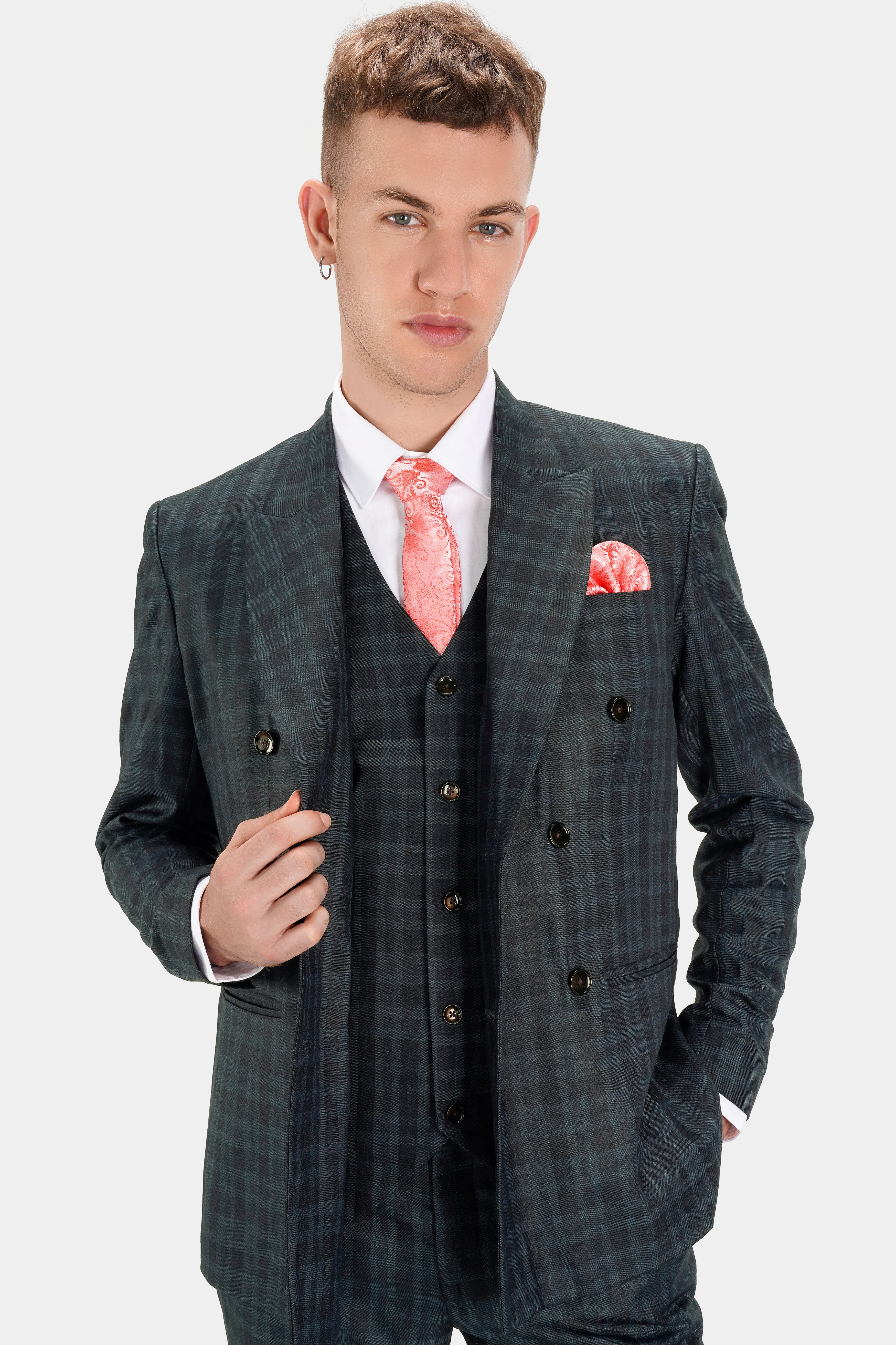 Baltic Sea Blue with Tuna Navy Blue Checkered Wool Rich Double Breasted Blazer