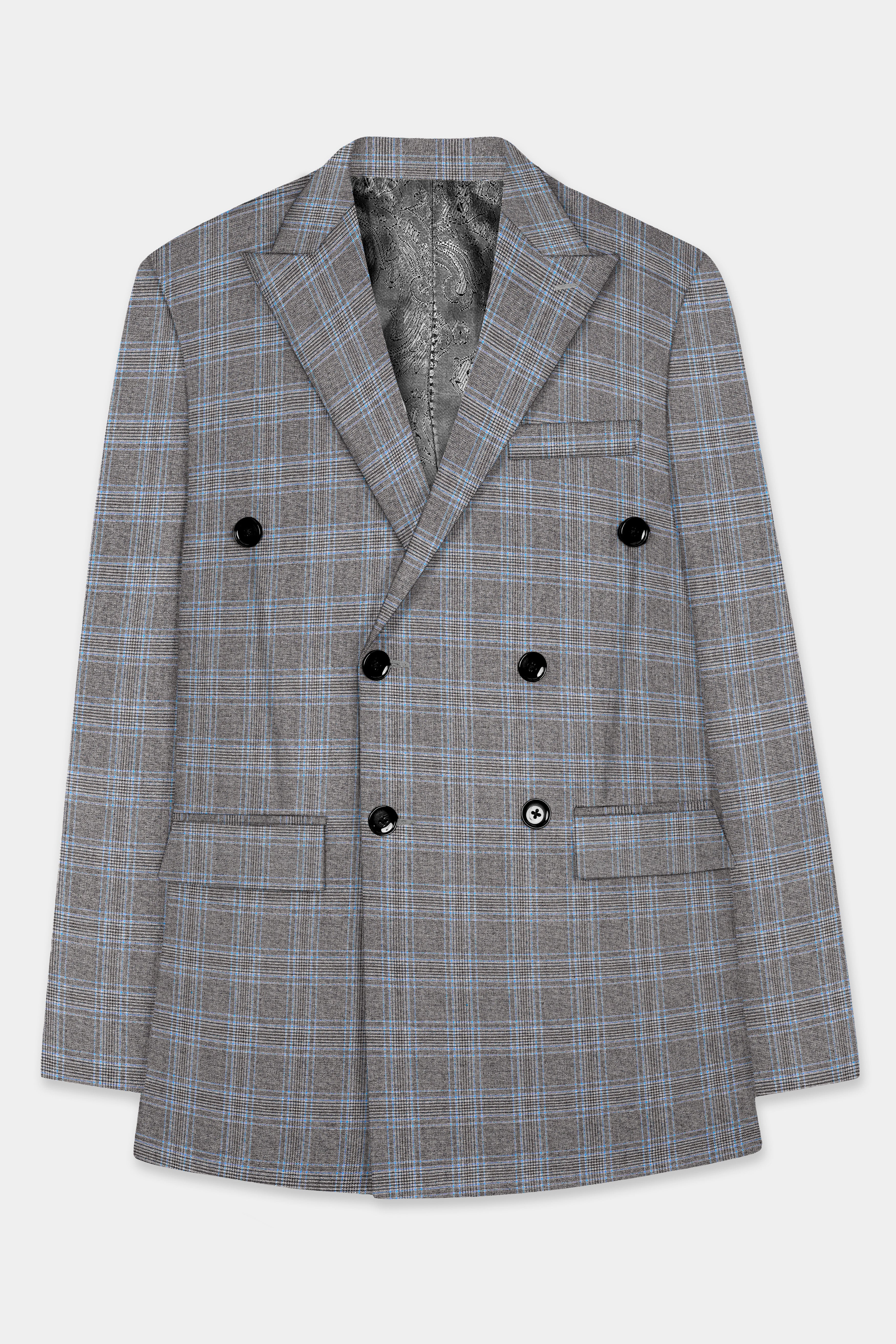 Dorado Brown with Casper Gray Plaid Wool Rich Double Breasted Blazer