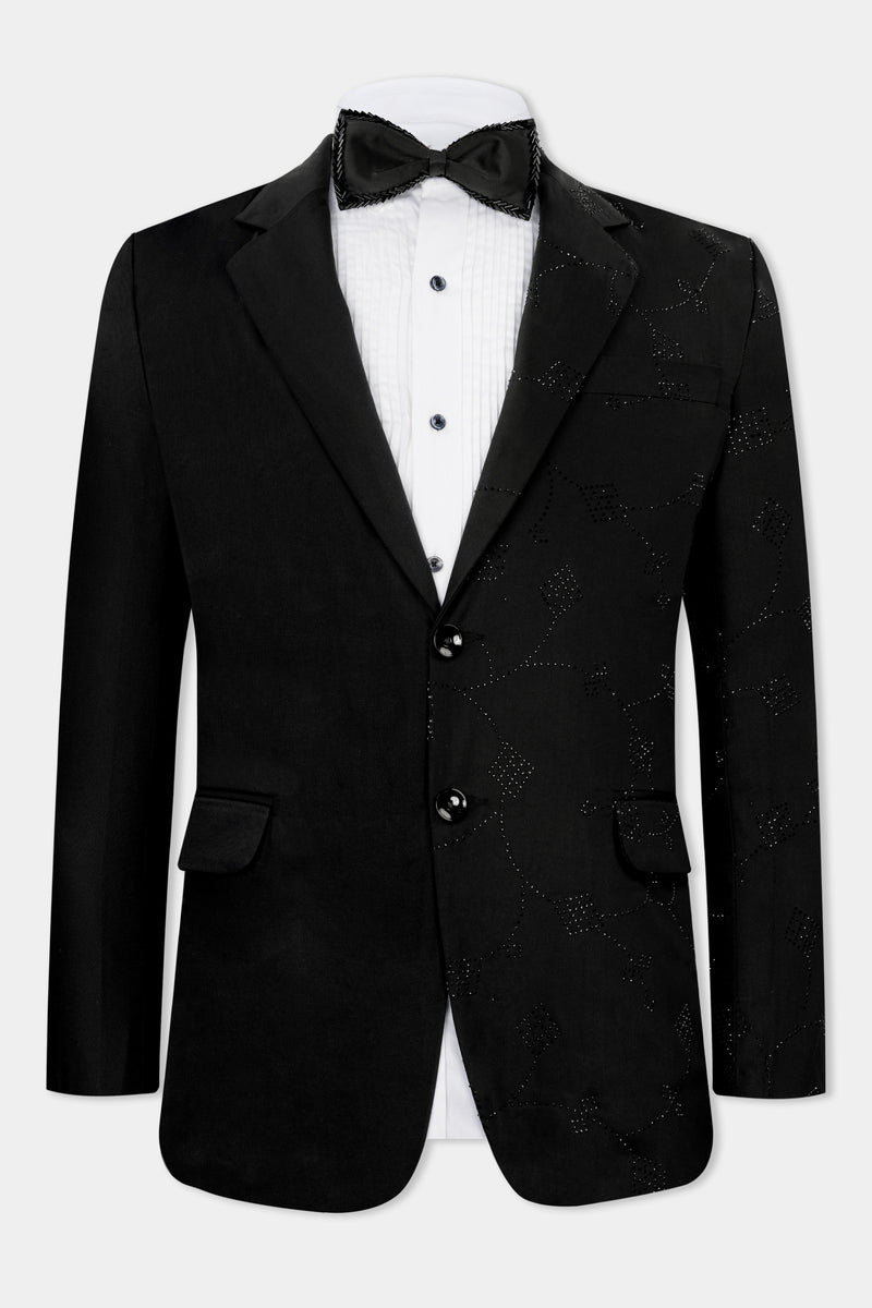 HALF SOLID BLACK AND HALF TIKKI WORK WOOL RICH DESIGNER BLAZER