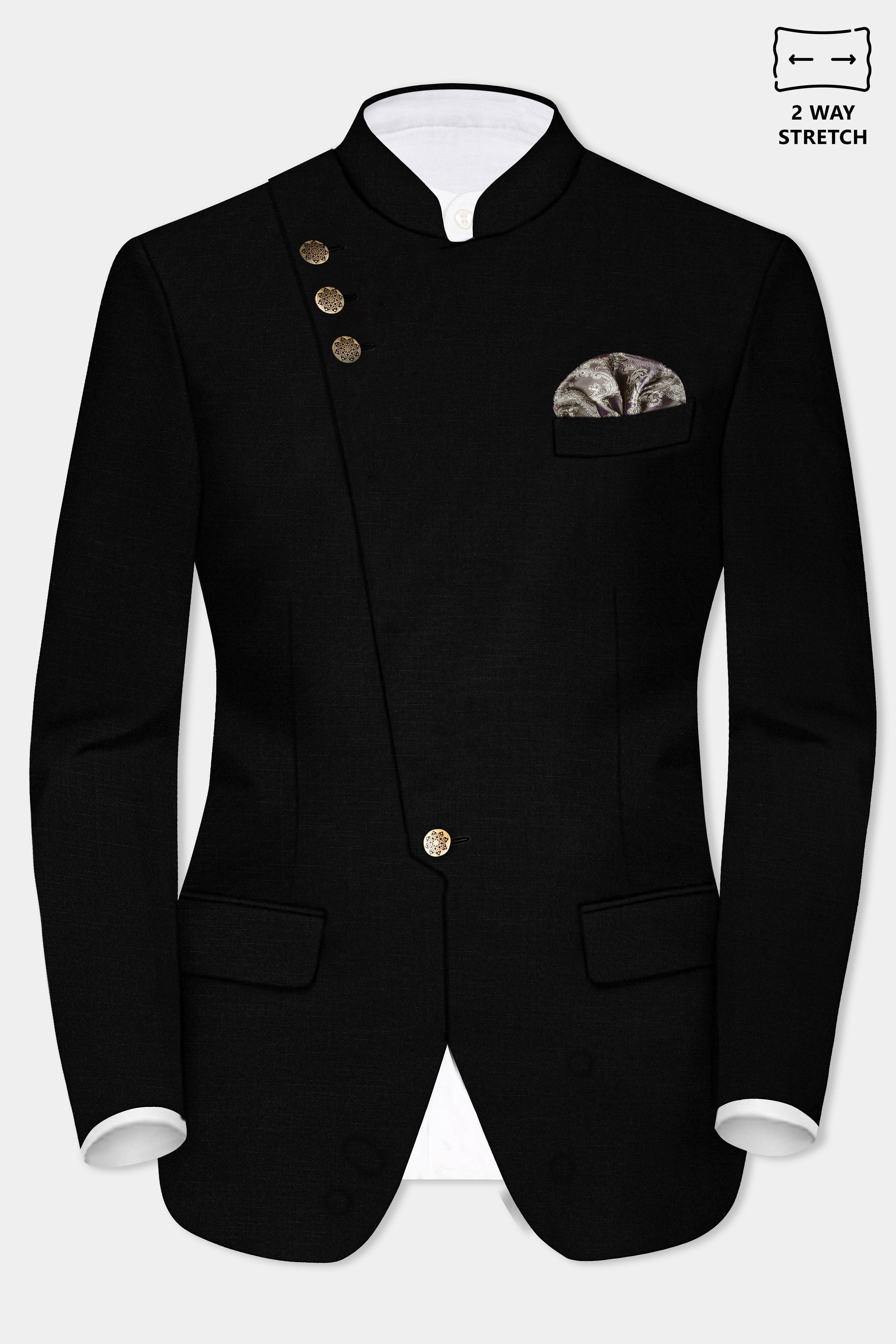 Jade Black Stretchable Wool Rich Cross Placket Bandhgala Designer Stretchable Traveler Blazer