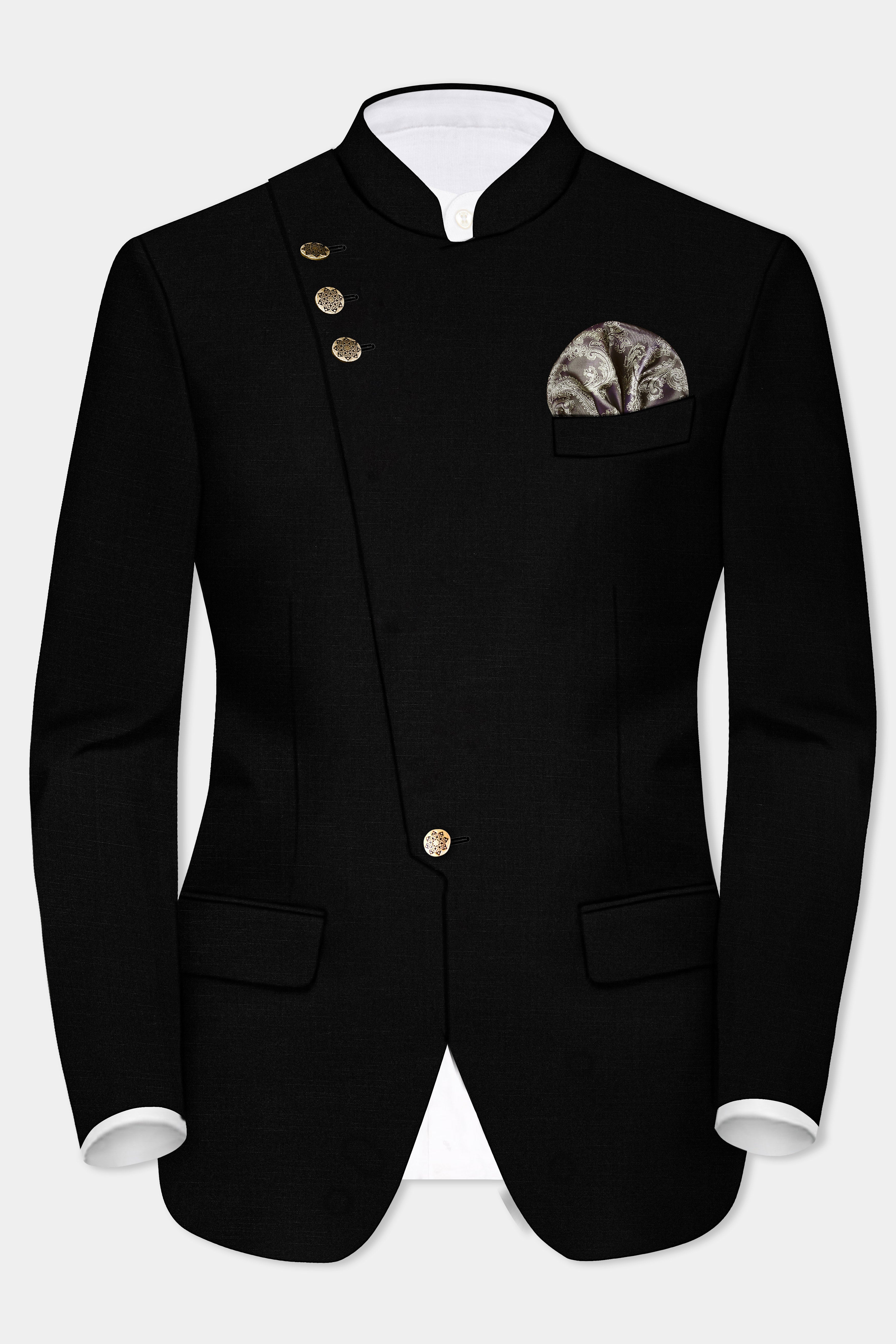 Jade Black Stretchable Wool Rich Cross Placket Bandhgala Designer Stretchable Traveler Blazer