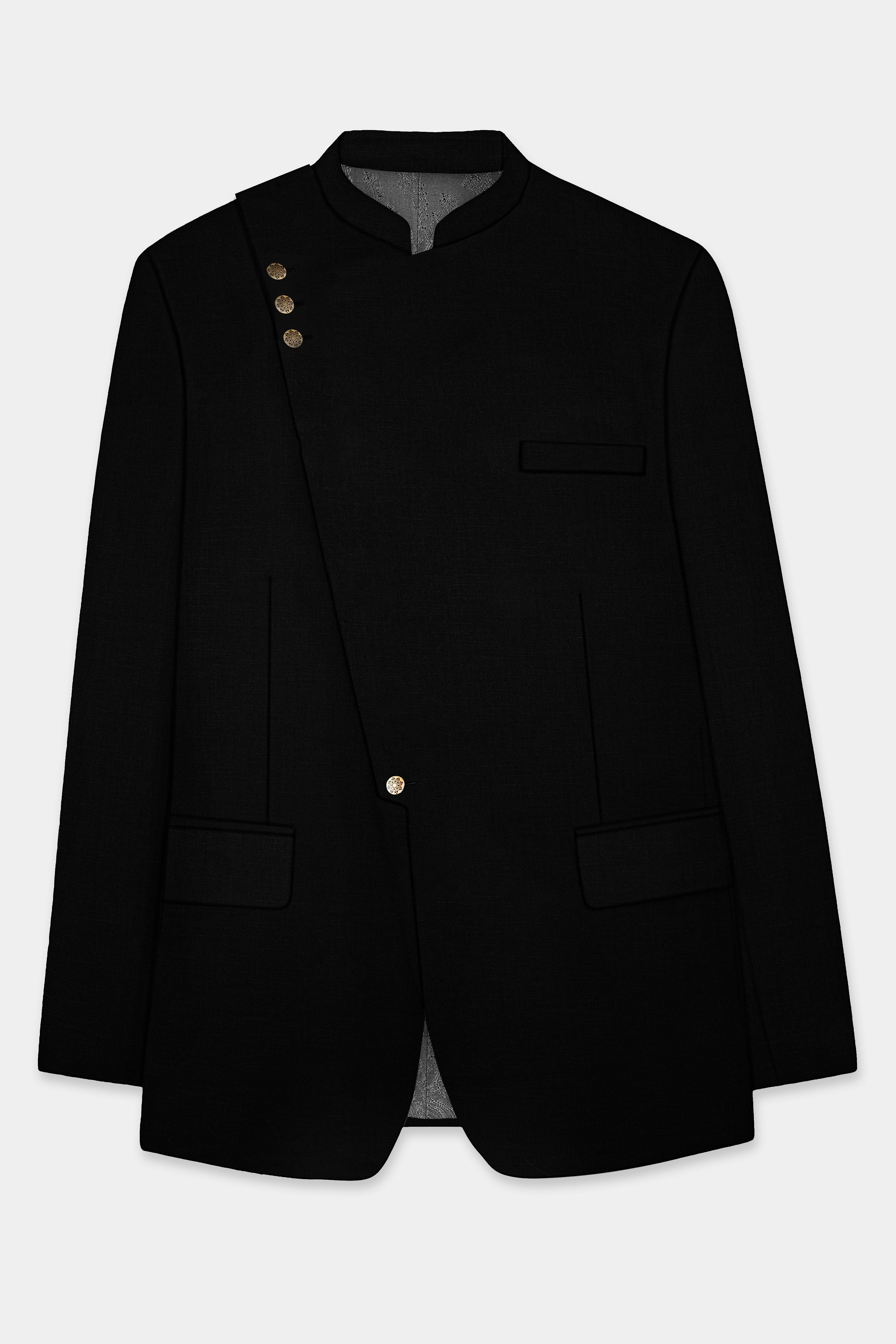 Jade Black Stretchable Wool Rich Cross Placket Bandhgala Designer Stretchable Traveler Blazer