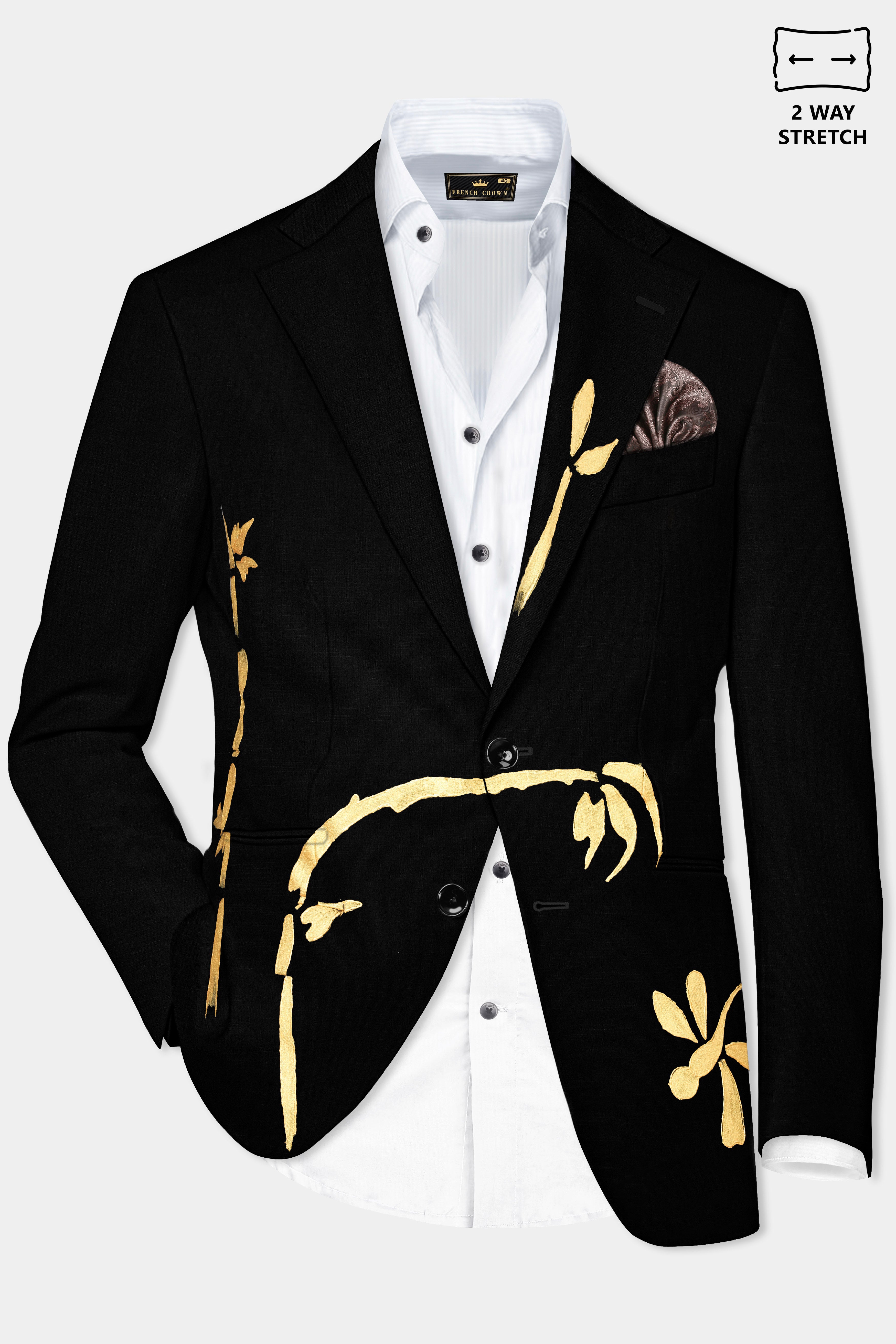 Jade Black Hand Painted Stretchable Premium Wool Rich Designer Blazer