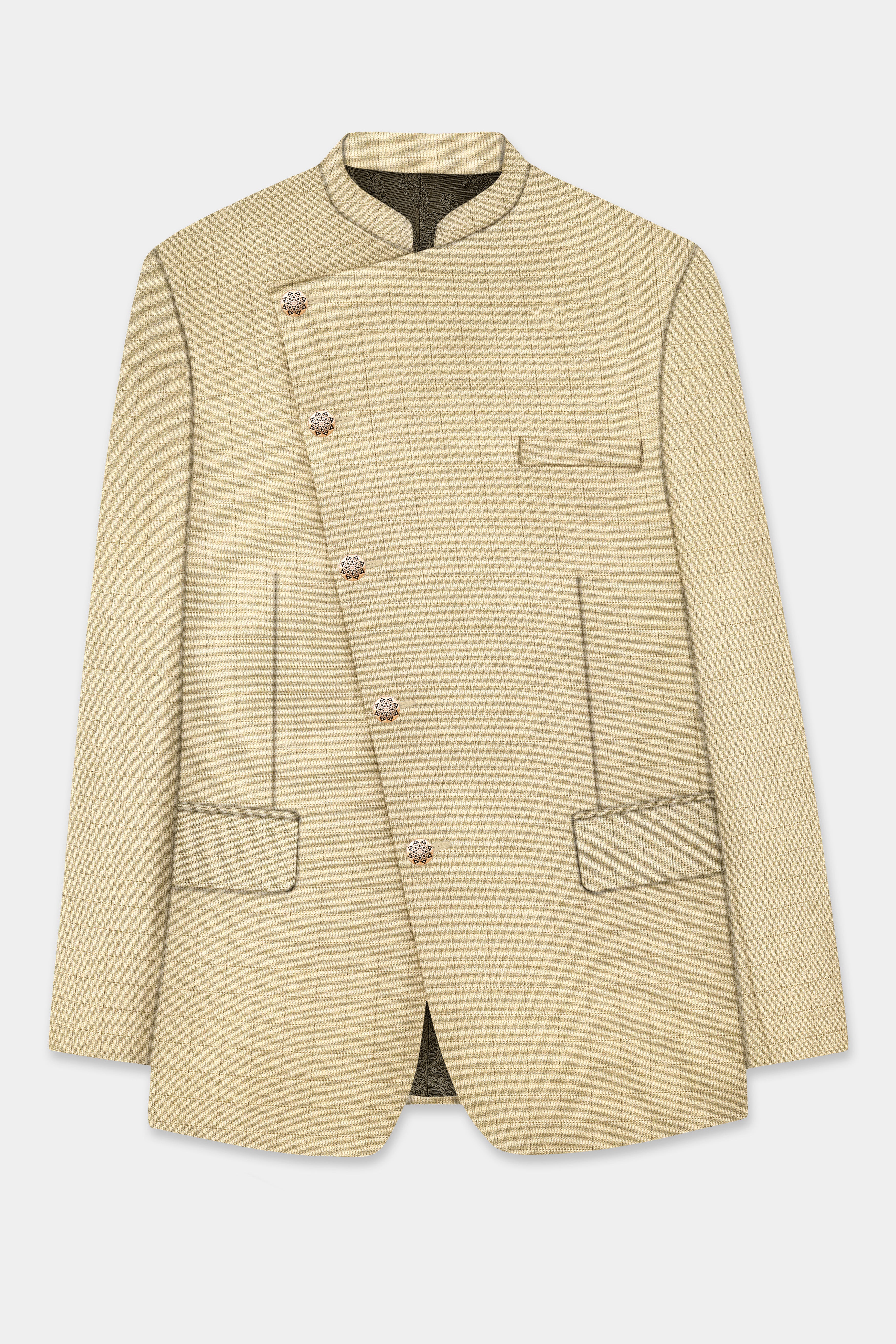 Pavlova Brown with Taupe Brown Checkered Dobby Wool Rich Cross Placket Bandhgala Blazer