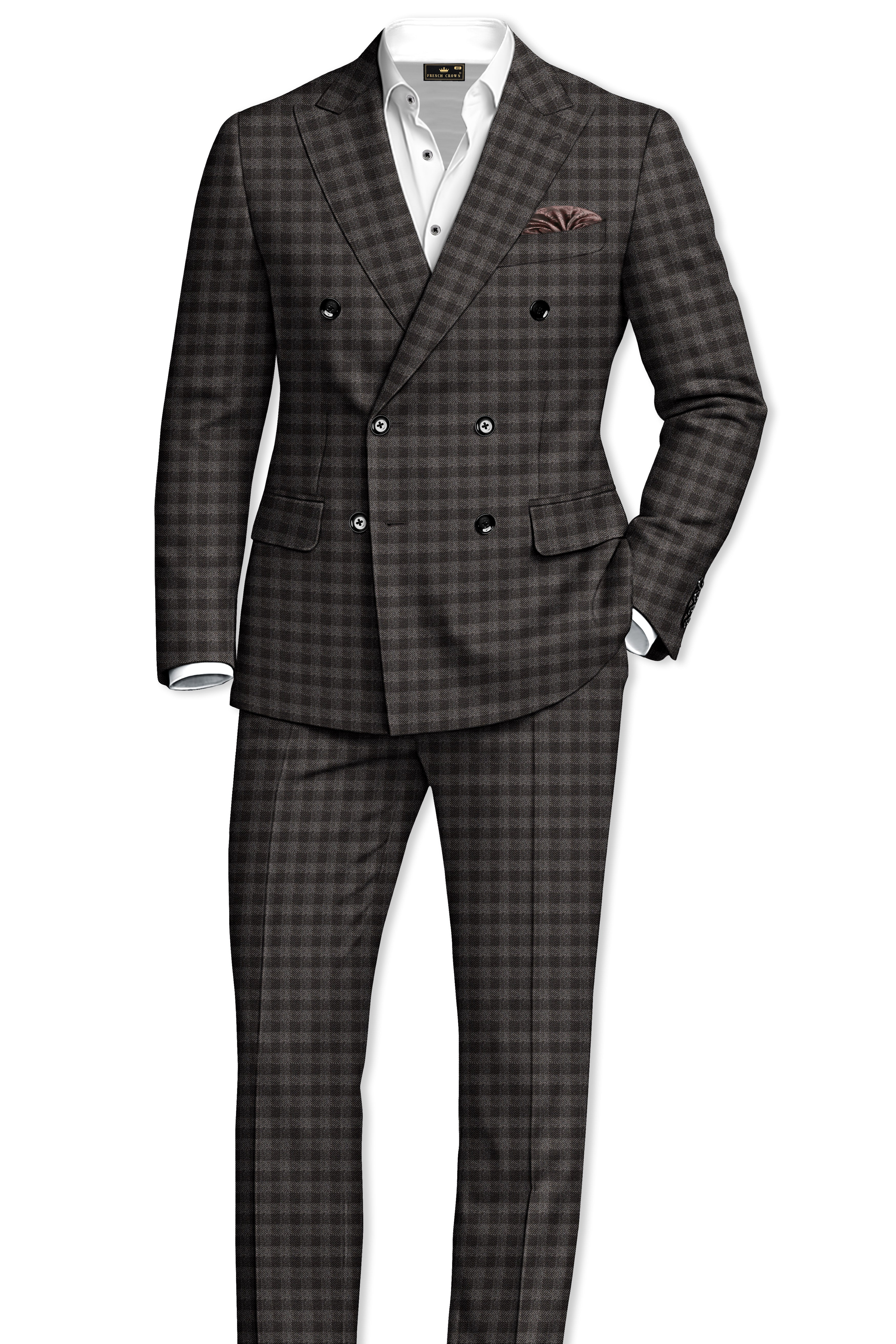 Jade Black and Storm Brown Checkered Wool Rich Double Breasted Blazer