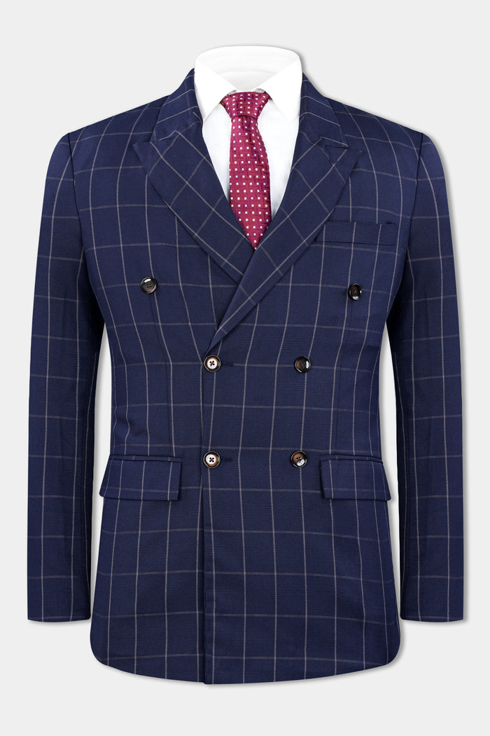 ADMIRAL BLUE WINDOWPANE WOOL RICH DOUBLE BREASTED BLAZER