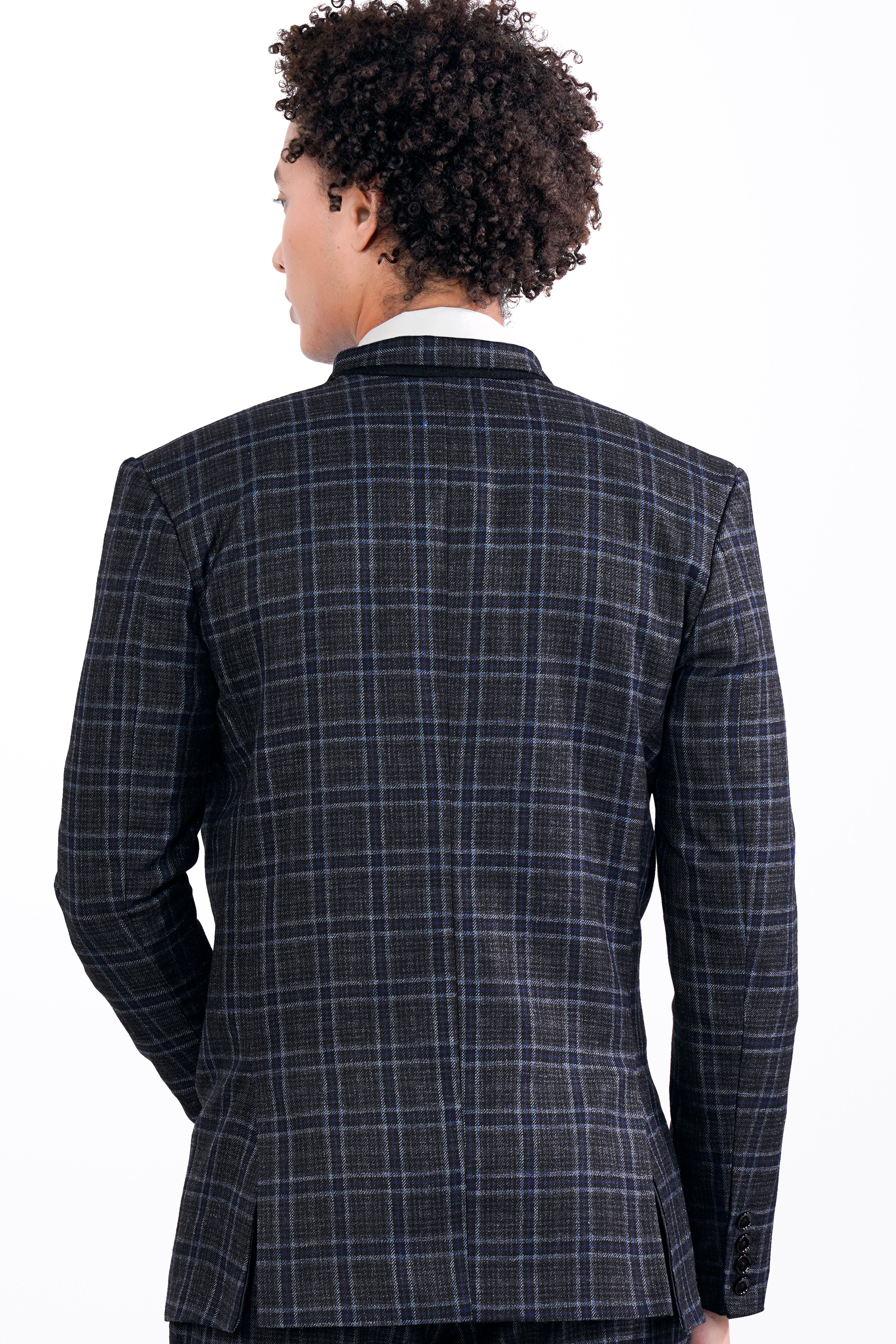 Bleached Black and Marine Blue Plaid Double Breasted Tweed Blazer BL2907-DB-36, BL2907-DB-38, BL2907-DB-40, BL2907-DB-42, BL2907-DB-44, BL2907-DB-46, BL2907-DB-48, BL2907-DB-50, BL2907-DB-52, BL2907-DB-54, BL2907-DB-56, BL2907-DB-58, BL2907-DB-60