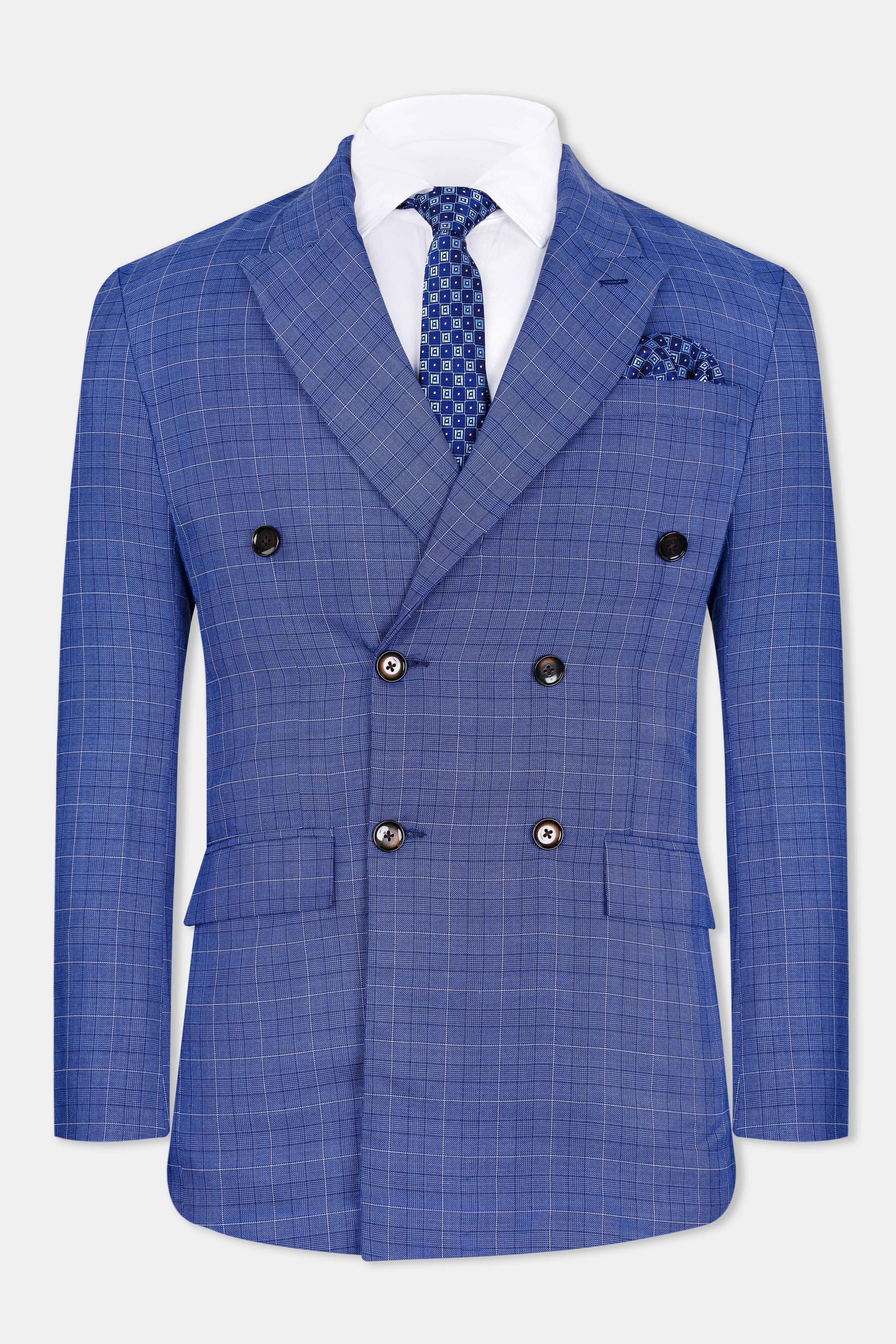 Yonder Blue Checks-Plaid Premium wool blend Double Breasted Suit For Men.