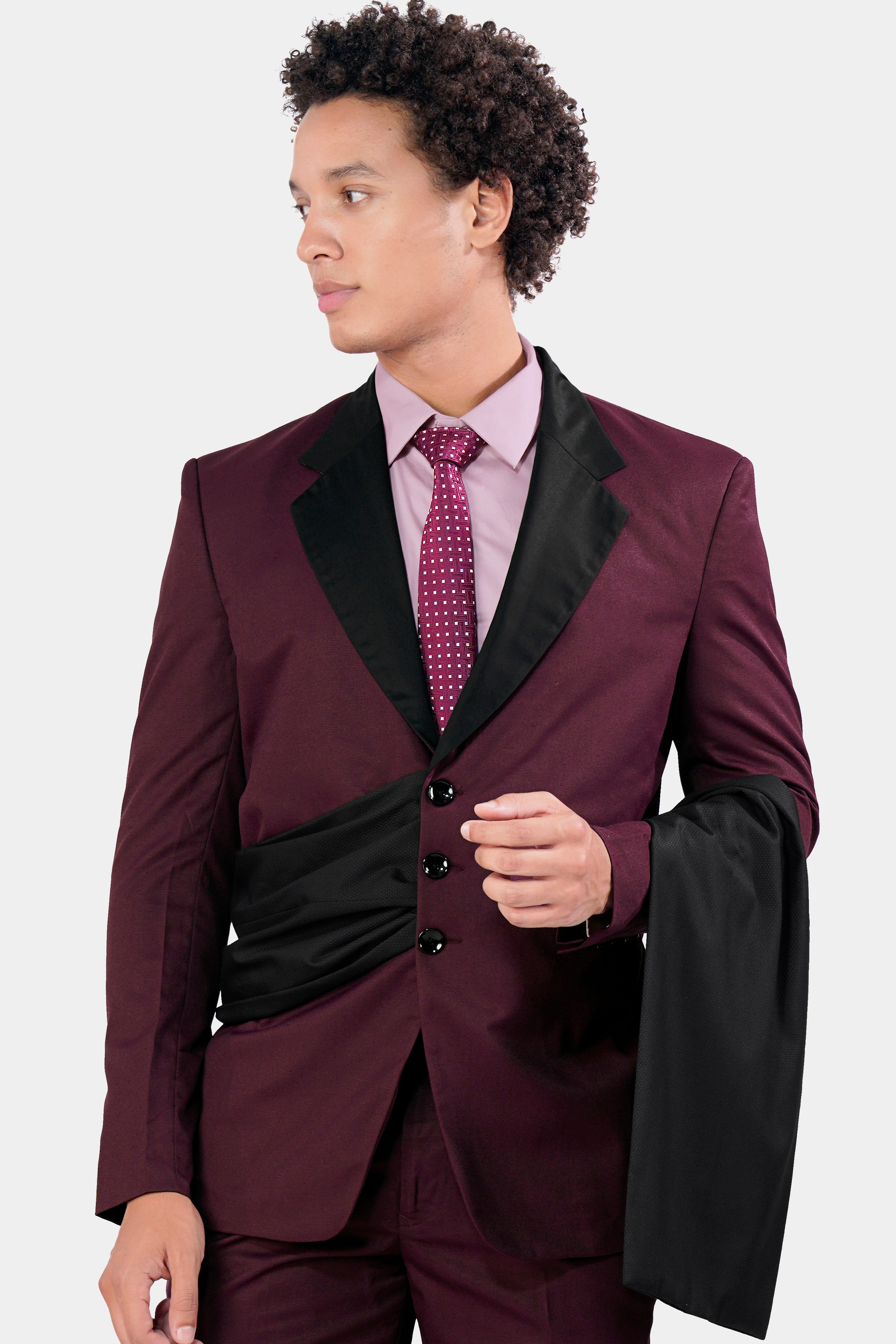 Magenta Maroon Wool Rich Designer Tuxedo Blazer with Shawl