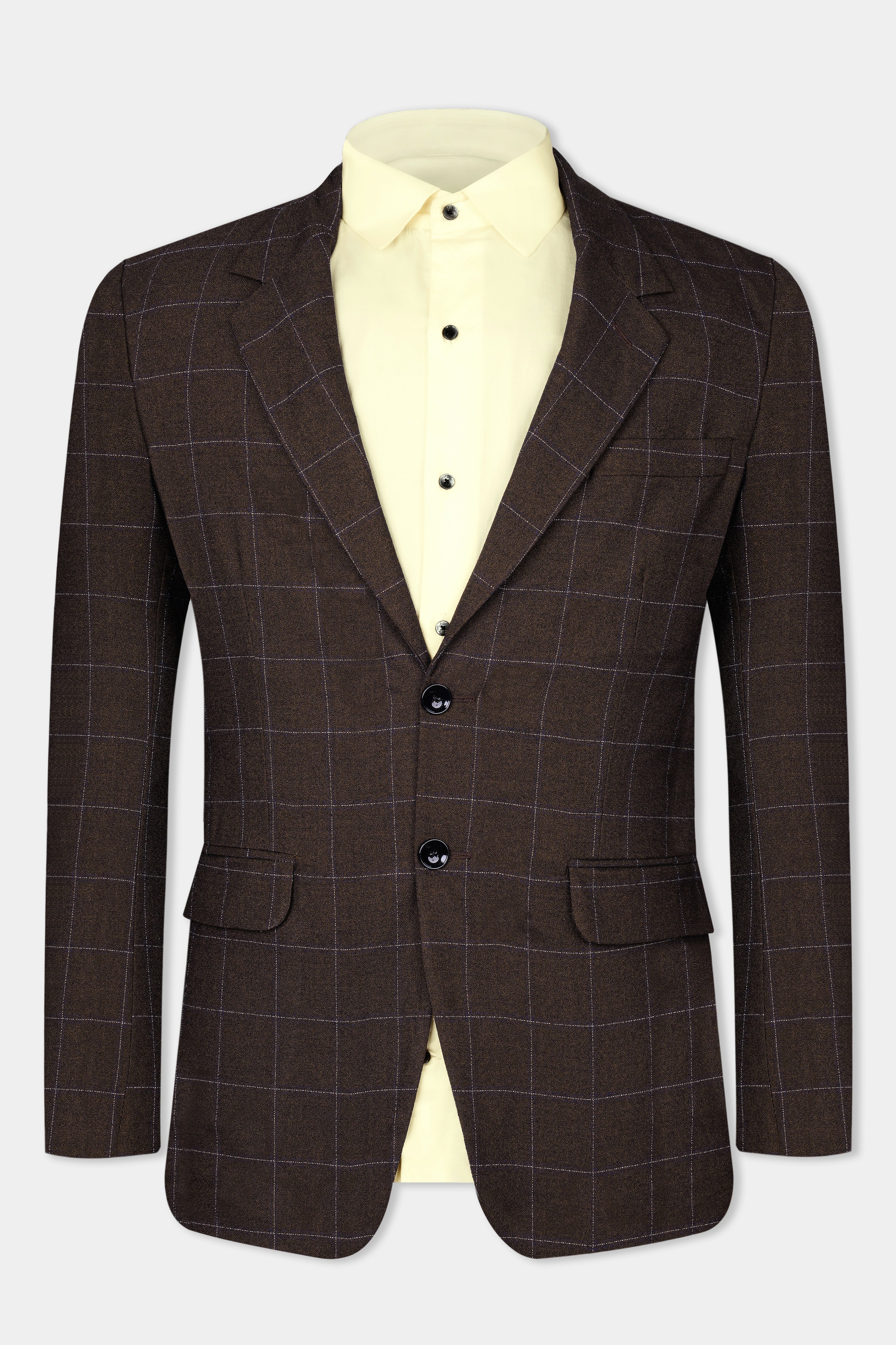 Chicory Brown Checks-Plaid Premium Wool-Blend Single Breasted