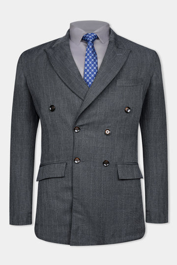 Flint Gray Subtle Checkered Wool Rich Double Breasted Blazer