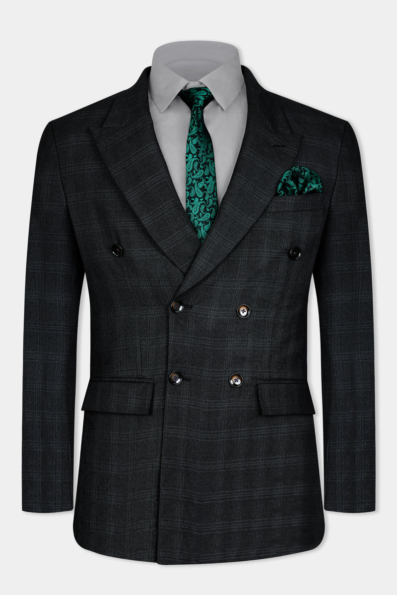 Onyx Black Subtle Checkered Wool Rich Double Breasted Blazer