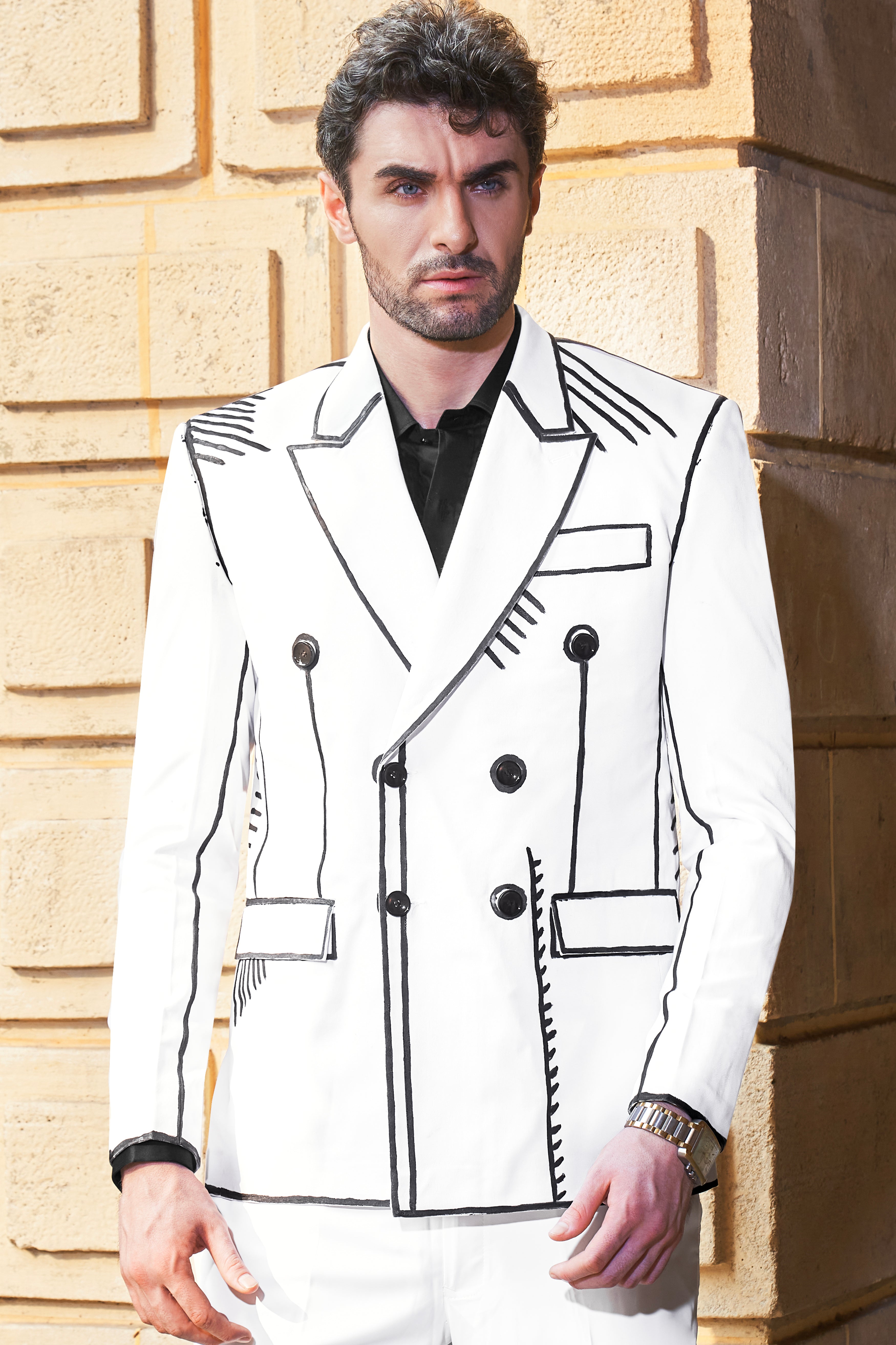 Bright White with Black Hand Painted Wool Rich Designer Blazer BL3010-DB-ART-36, BL3010-DB-ART-38, BL3010-DB-ART-40, BL3010-DB-ART-42, BL3010-DB-ART-44, BL3010-DB-ART-46, BL3010-DB-ART-48, BL3010-DB-ART-50, BL3010-DB-ART-52, BL3010-DB-ART-54, BL3010-DB-ART-56, BL3010-DB-ART-58, BL3010-DB-ART-60