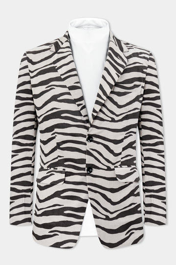 Bon Jour Cream and Tundora Gray Zebra Stripes Printed Corduroy Premium Cotton Blazer