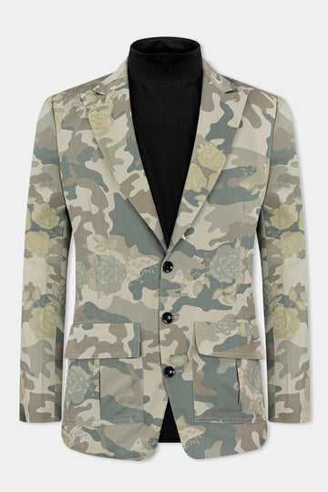 Ivory Green and Arrowtone Brown Camouflage Premium Cotton Designer Blazer