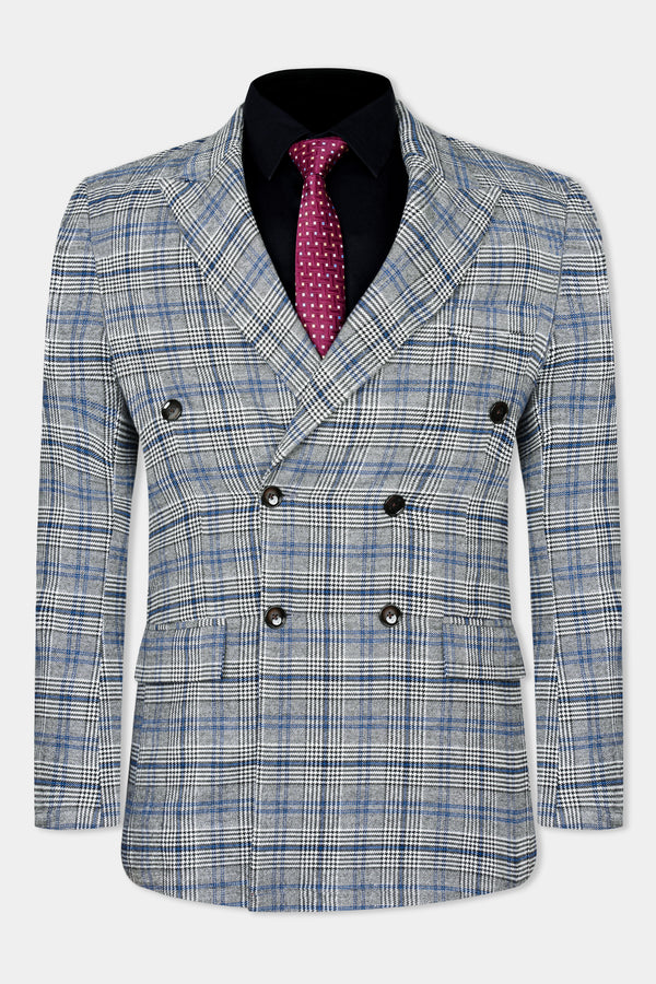 Chalice Gray and Chathams Blue Plaid Houndstooth Tweed Double-Breasted Blazer