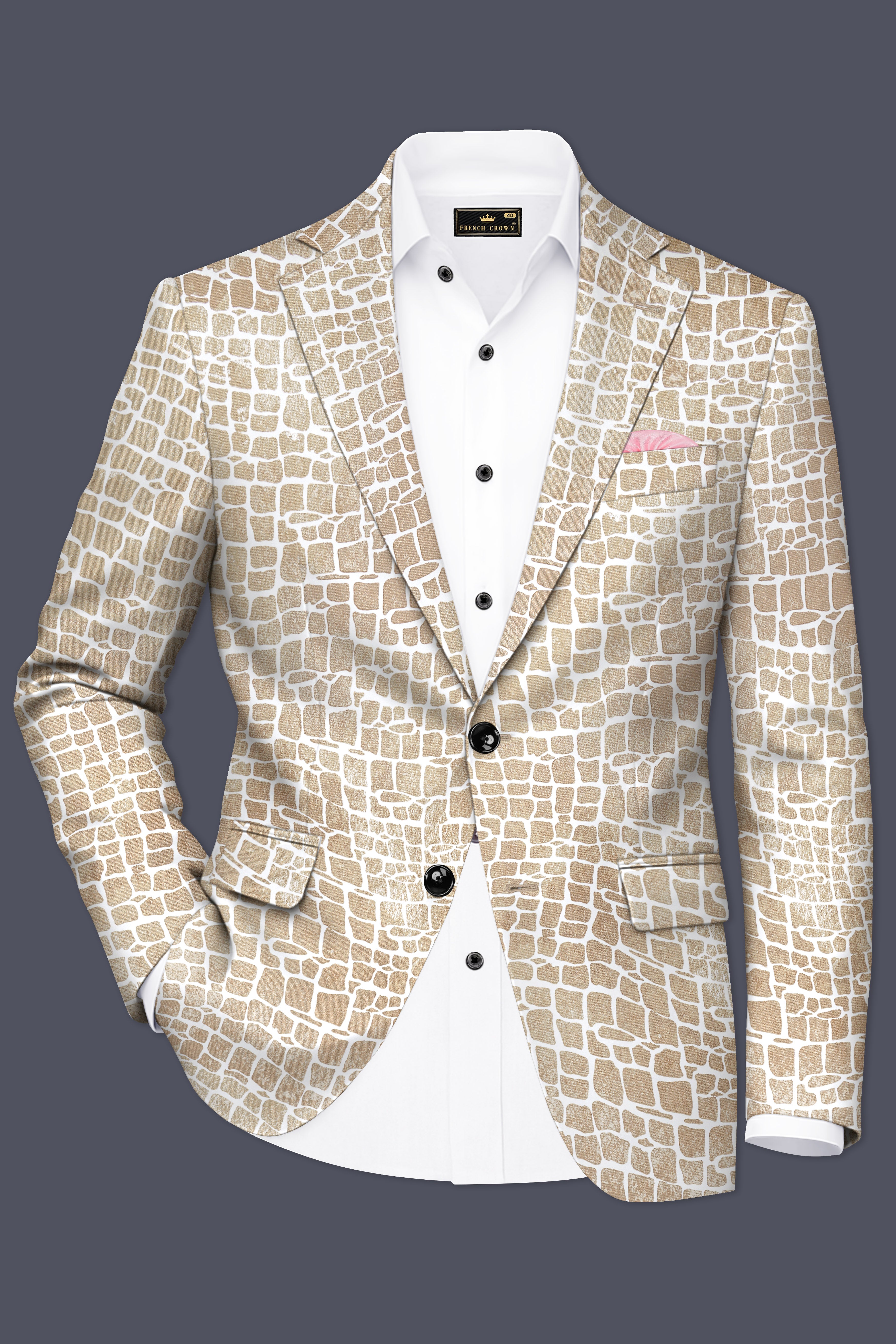 Bright White and Cocoa Brown Printed Premium Cotton Blazer