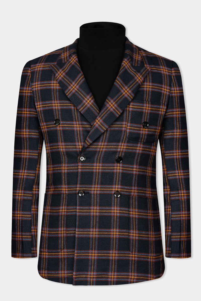 Ebony Blue and Mocha Brown Plaid Tweed Double Breasted Blazer