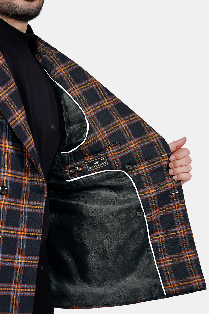 Ebony Blue and Mocha Brown Plaid Tweed Double Breasted Blazer