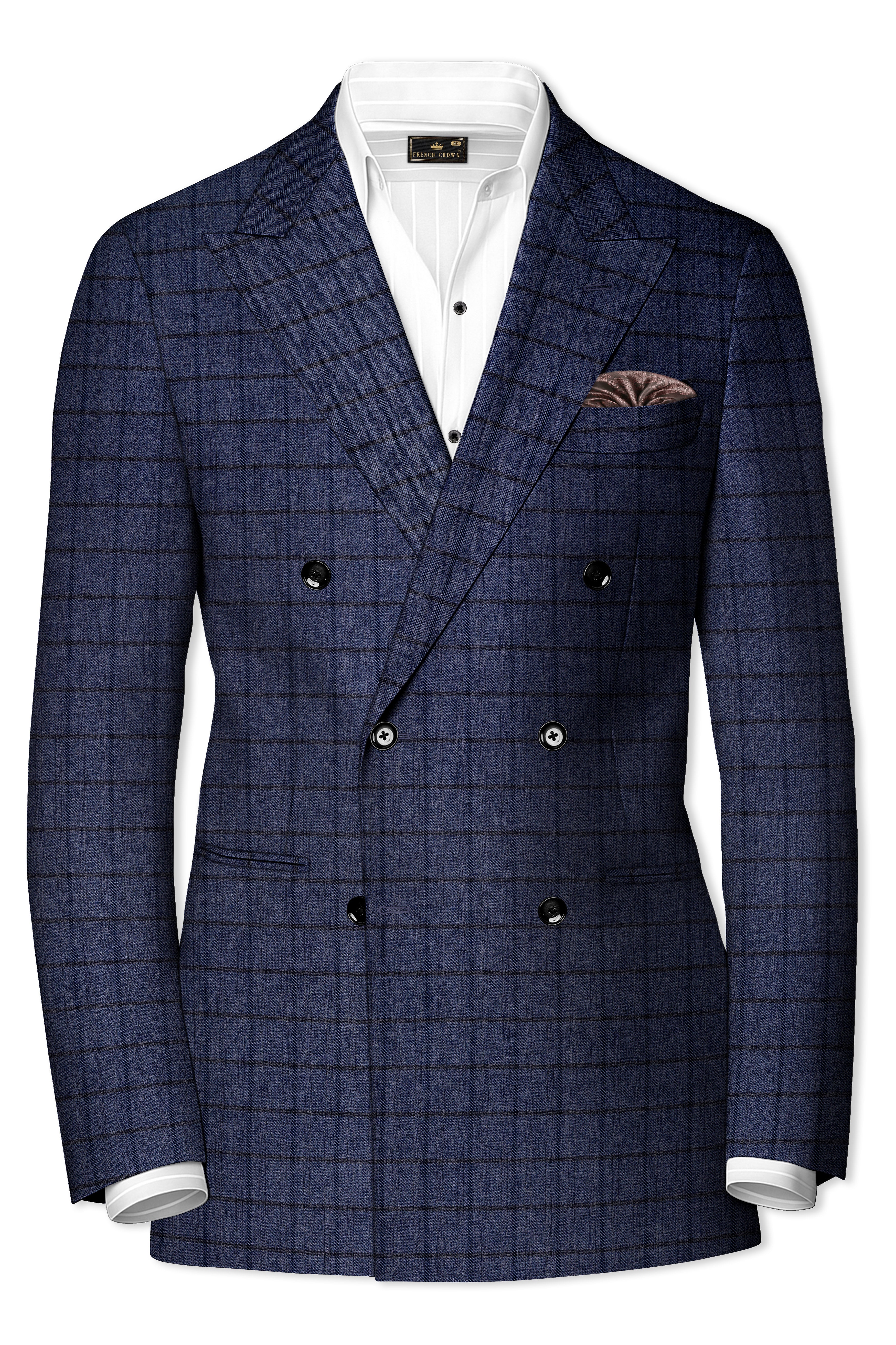 Ebony Clay Blue Windowpane Tweed Double Breasted Blazer